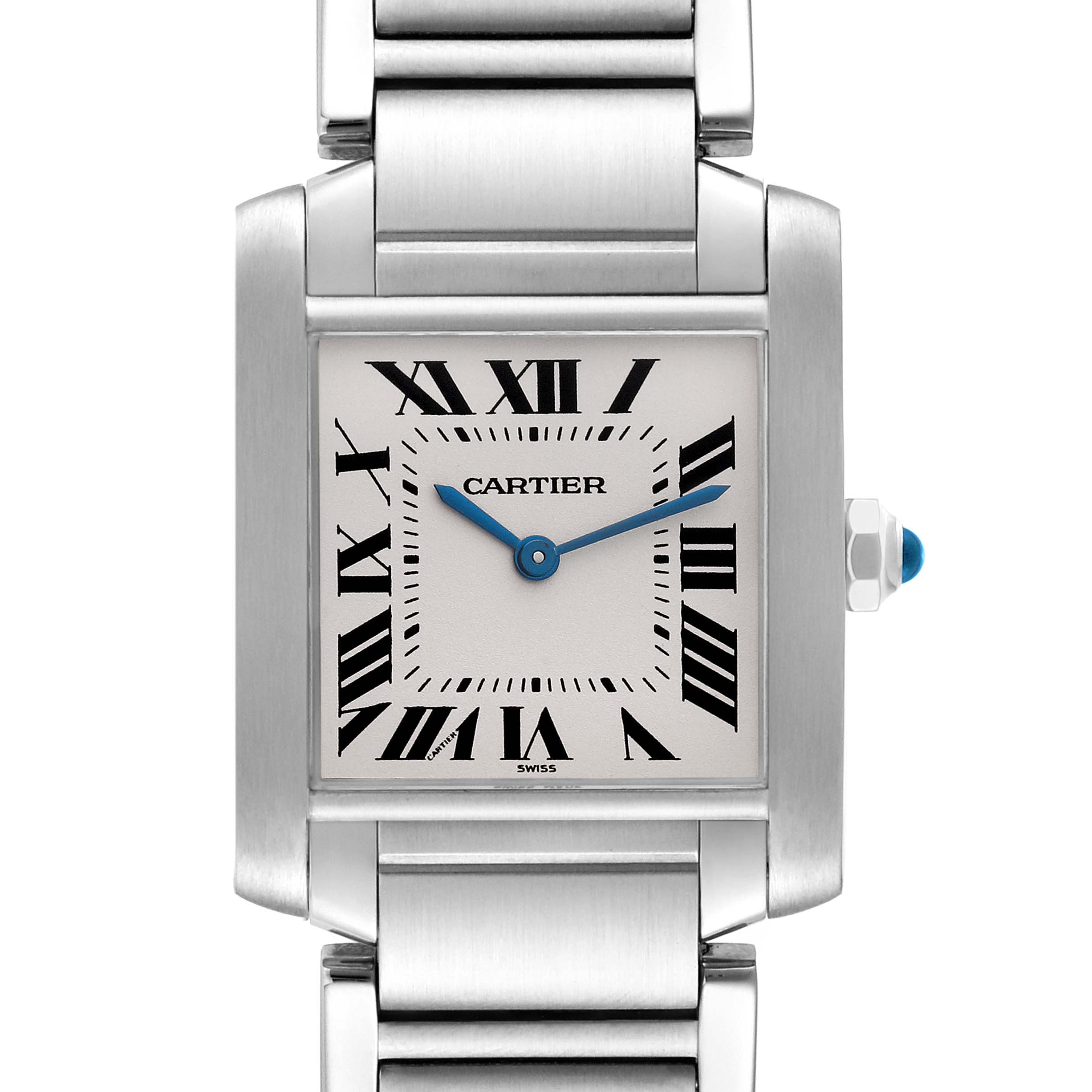The image shows a close-up frontal view of the Tank Française watch by Cartier, highlighting its Roman numeral dial and metal bracelet.
