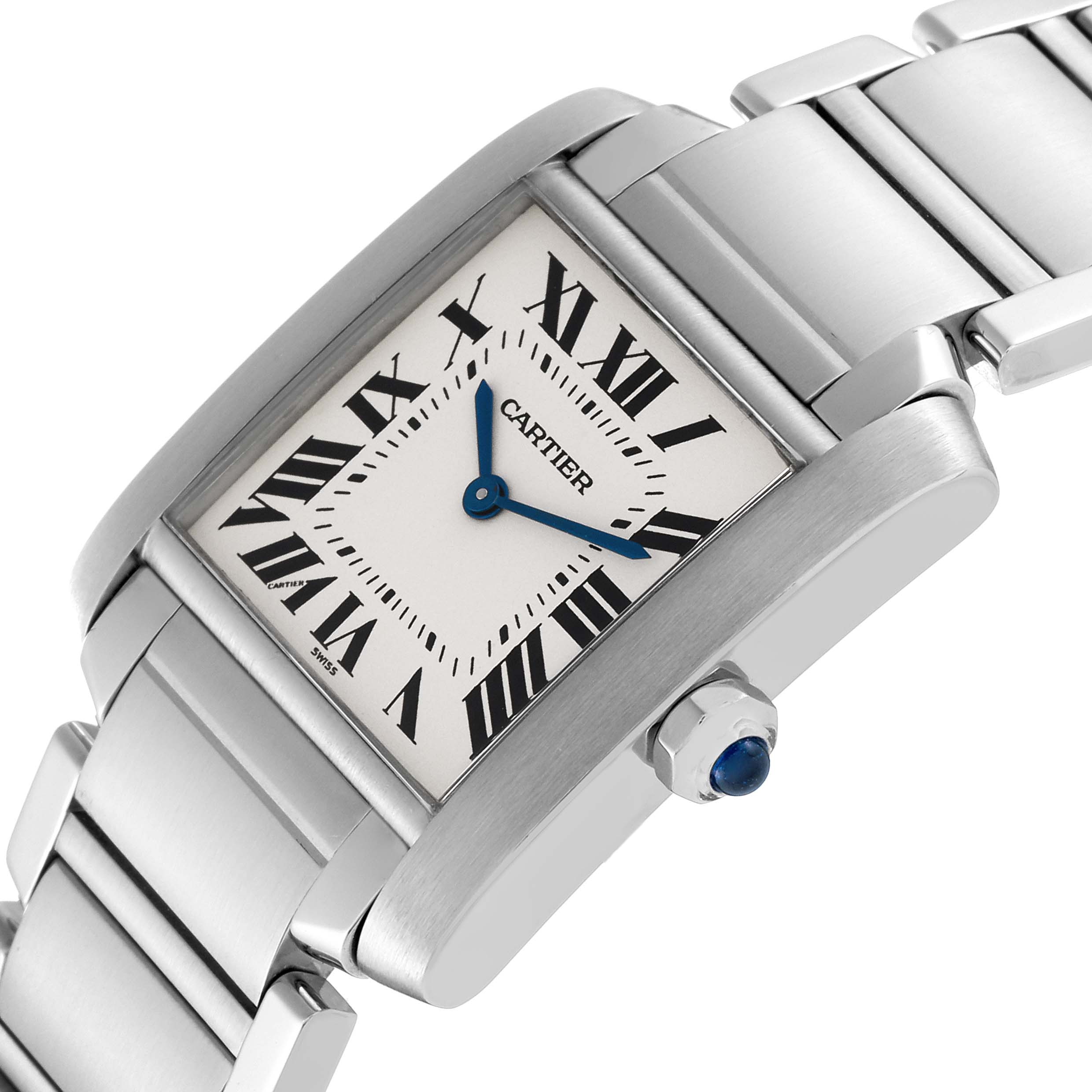 The image shows a close-up of the face and bracelet of a Cartier Tank Francaise W51003Q3 Women's Stainless Steel Silver Dial W51003Q3 Women's Stainless Steel Silver Dial watch at an angled view.