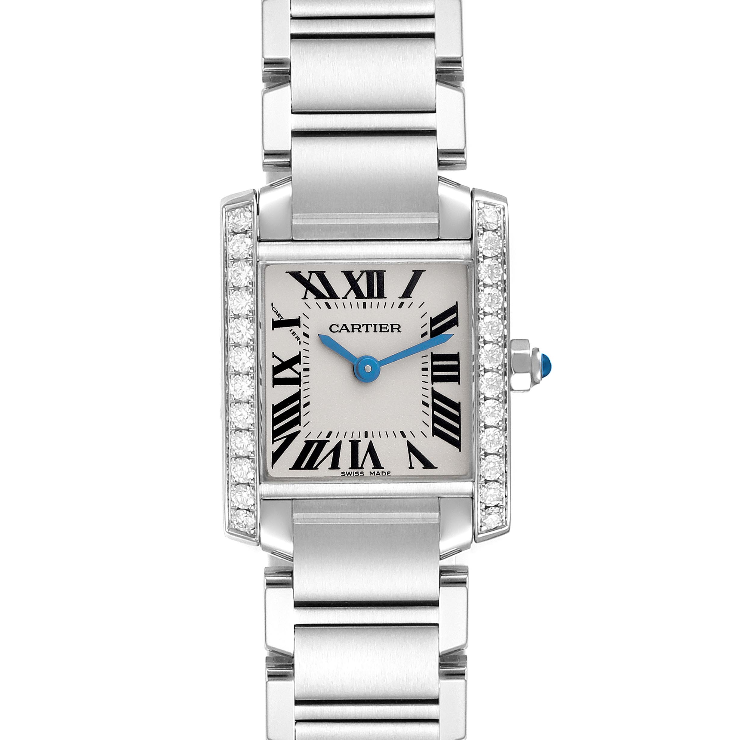 The Cartier Tank Francaise W4TA0008 Women's Stainless Steel Silver Dial W4TA0008 Women's Stainless Steel Silver Dial watch is shown from a front angle, highlighting its rectangular dial, Roman numerals, and metal bracelet.
