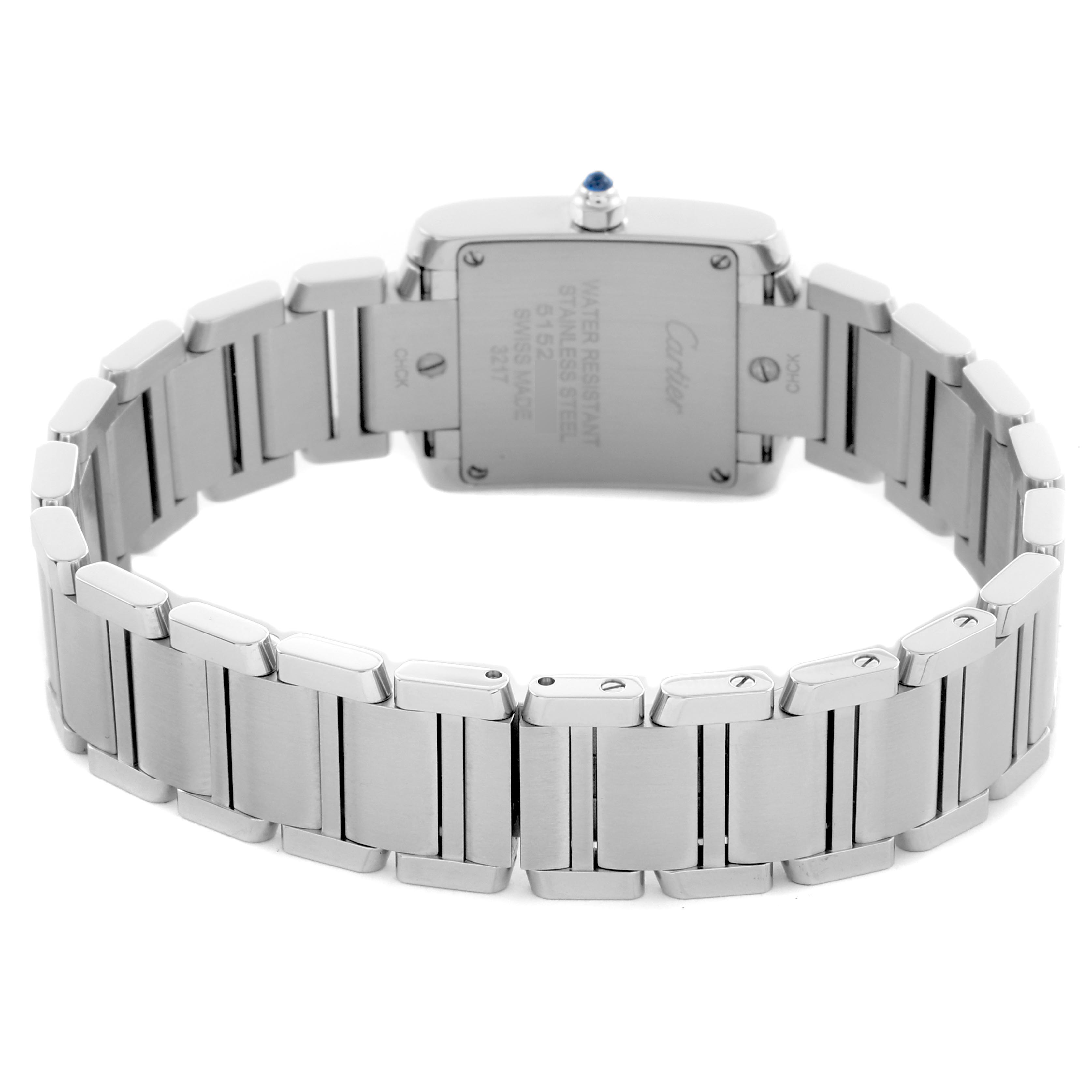 The image shows the back of the Cartier Tank Française watch, highlighting its stainless steel bracelet and case back.