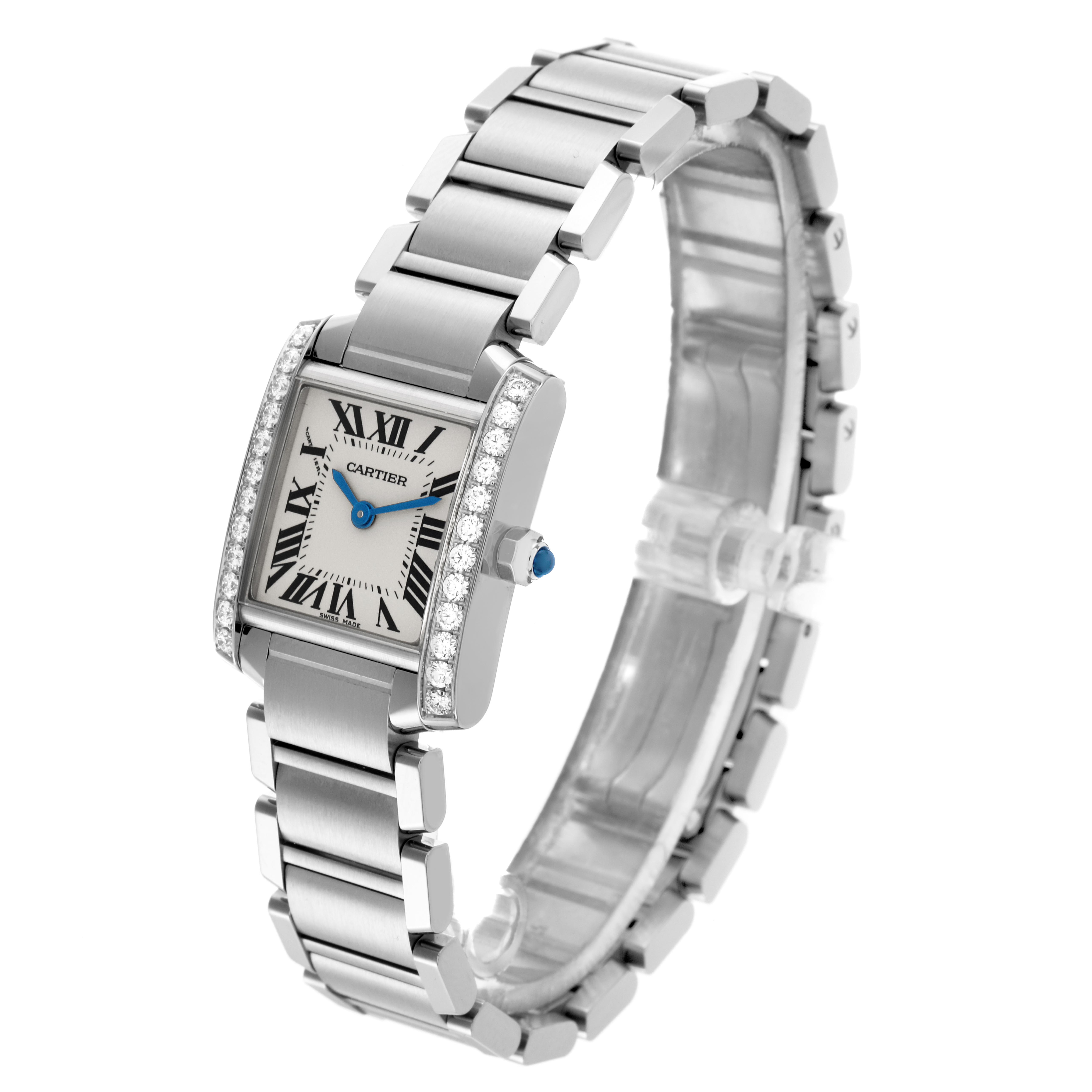 The Cartier Tank Francaise W4TA0008 Women's Stainless Steel Silver Dial W4TA0008 Women's Stainless Steel Silver Dial watch is shown at a three-quarter angle, highlighting its face, bracelet, and jeweled bezel.