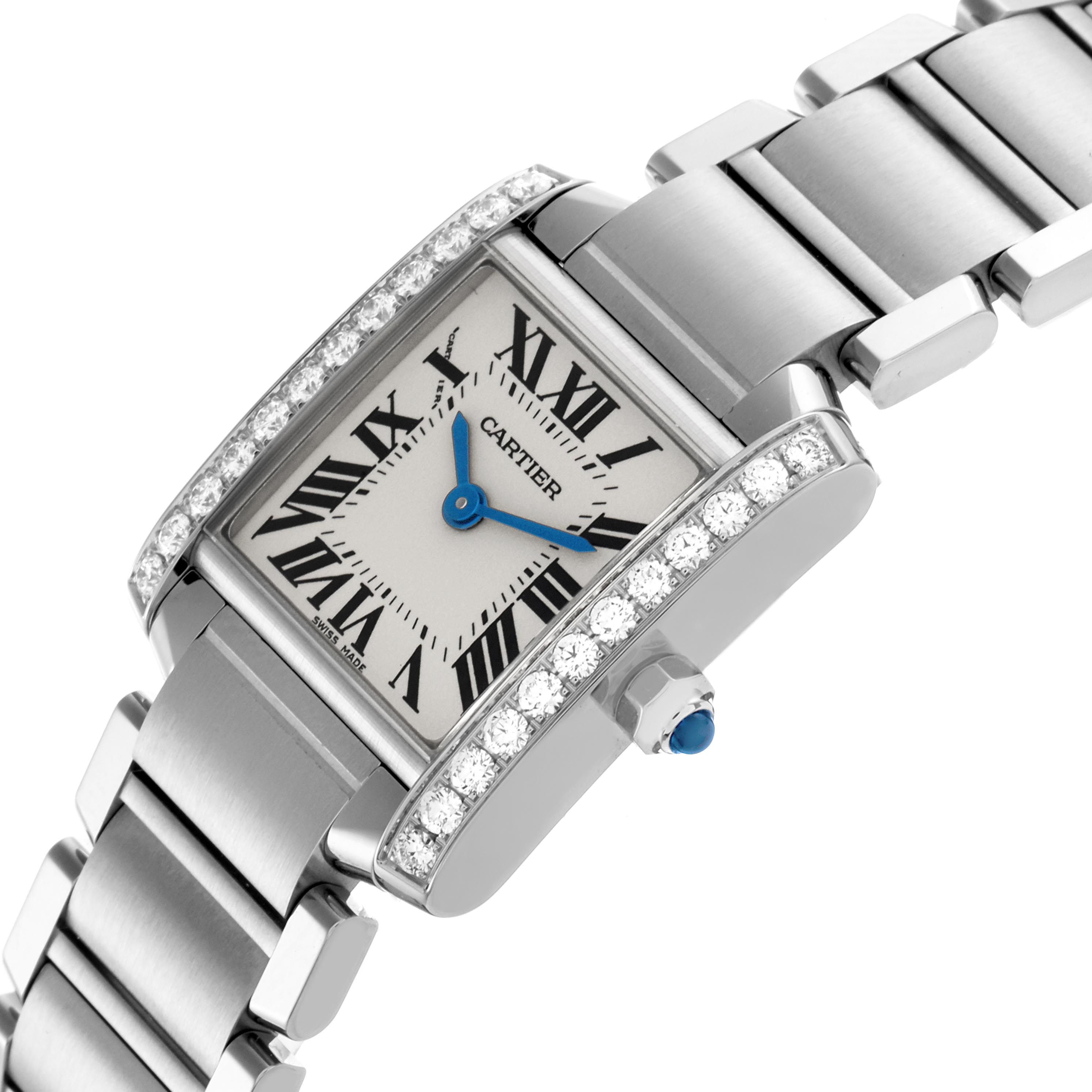 The Cartier Tank Française watch is shown at an angled view displaying the face, bracelet, diamond bezel, and crown with a blue cabochon.