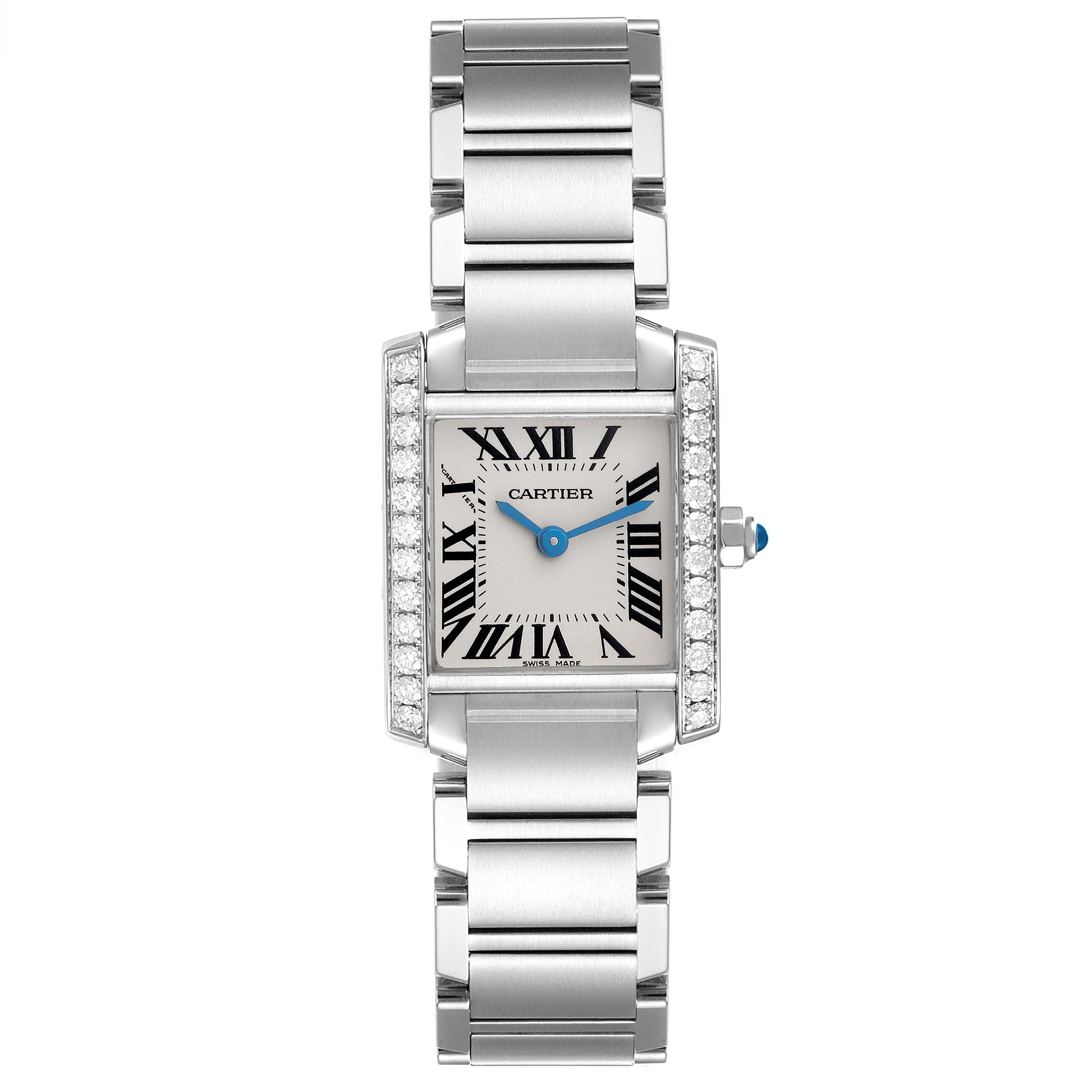 The Cartier Tank Francaise W4TA0008 Women's Stainless Steel Silver Dial W4TA0008 Women's Stainless Steel Silver Dial watch is shown from a top-down angle, highlighting its rectangular face, Roman numerals, and stainless steel bracelet.