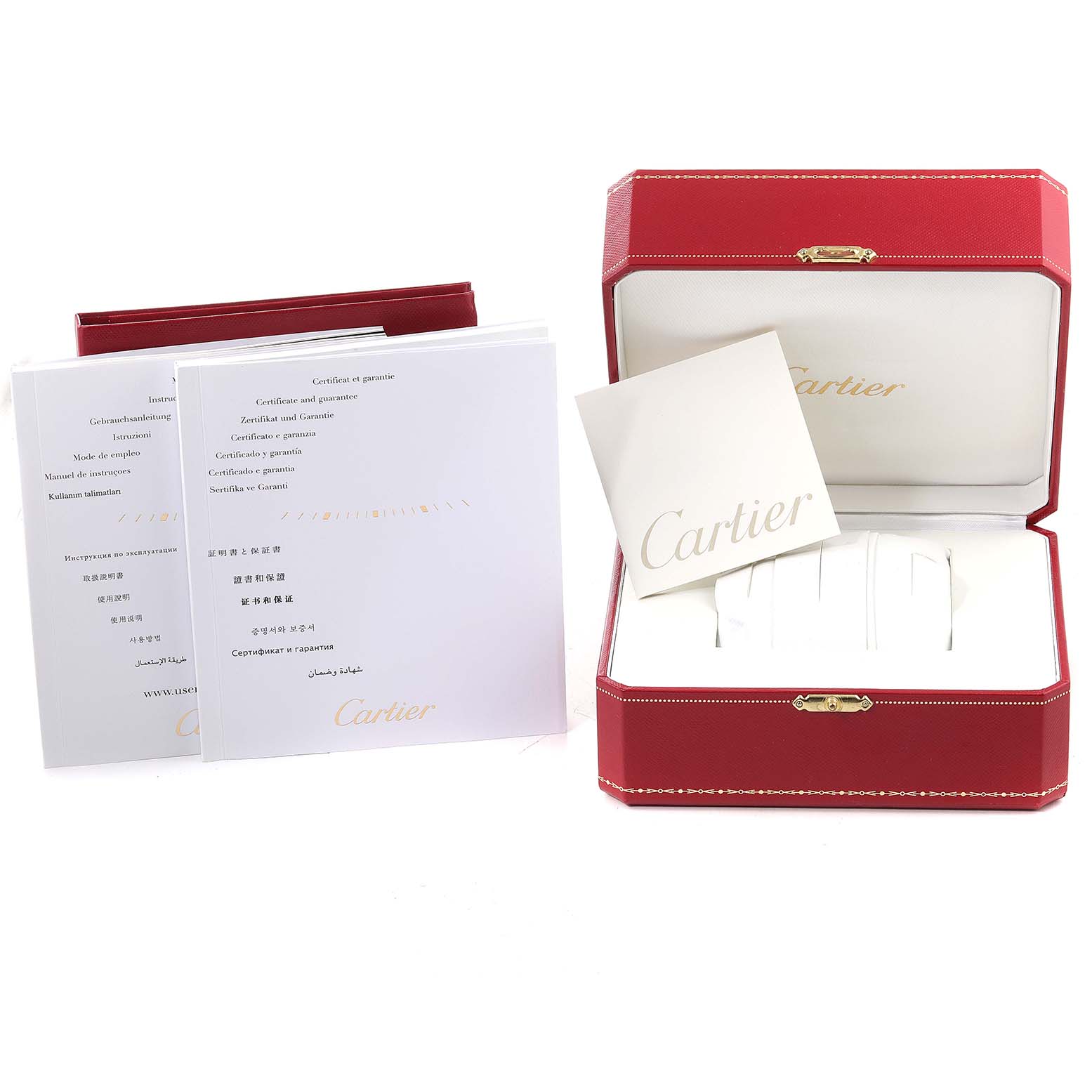 The image shows the Cartier Tank Francaise WE110006 Women's Stainless Steel Silver Dial WE110006 Women's Stainless Steel Silver Dial watch box, guarantee certificates, and instruction manuals.