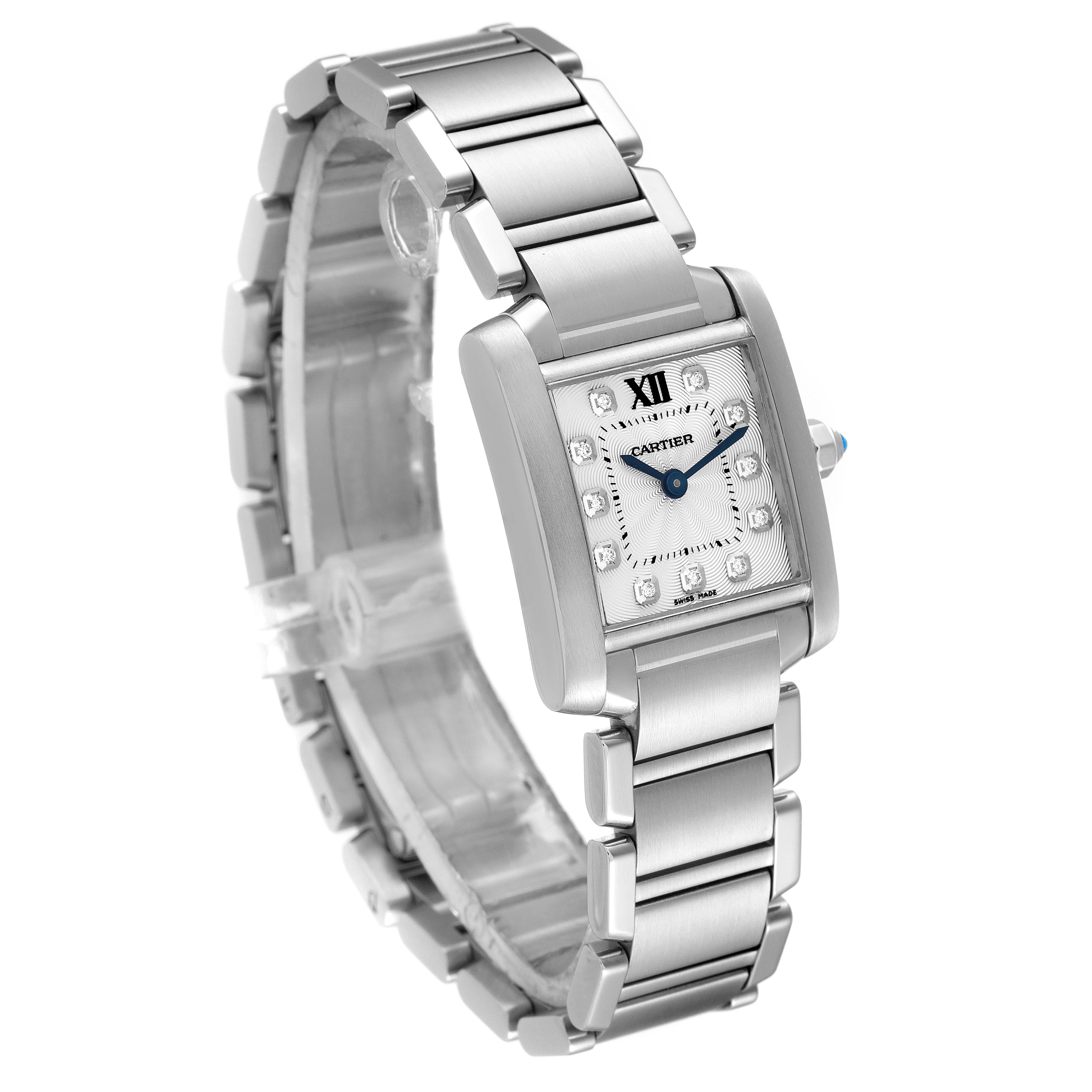 The watch is a Cartier Tank Française model shown at a three-quarter angle, displaying the face and stainless steel bracelet.