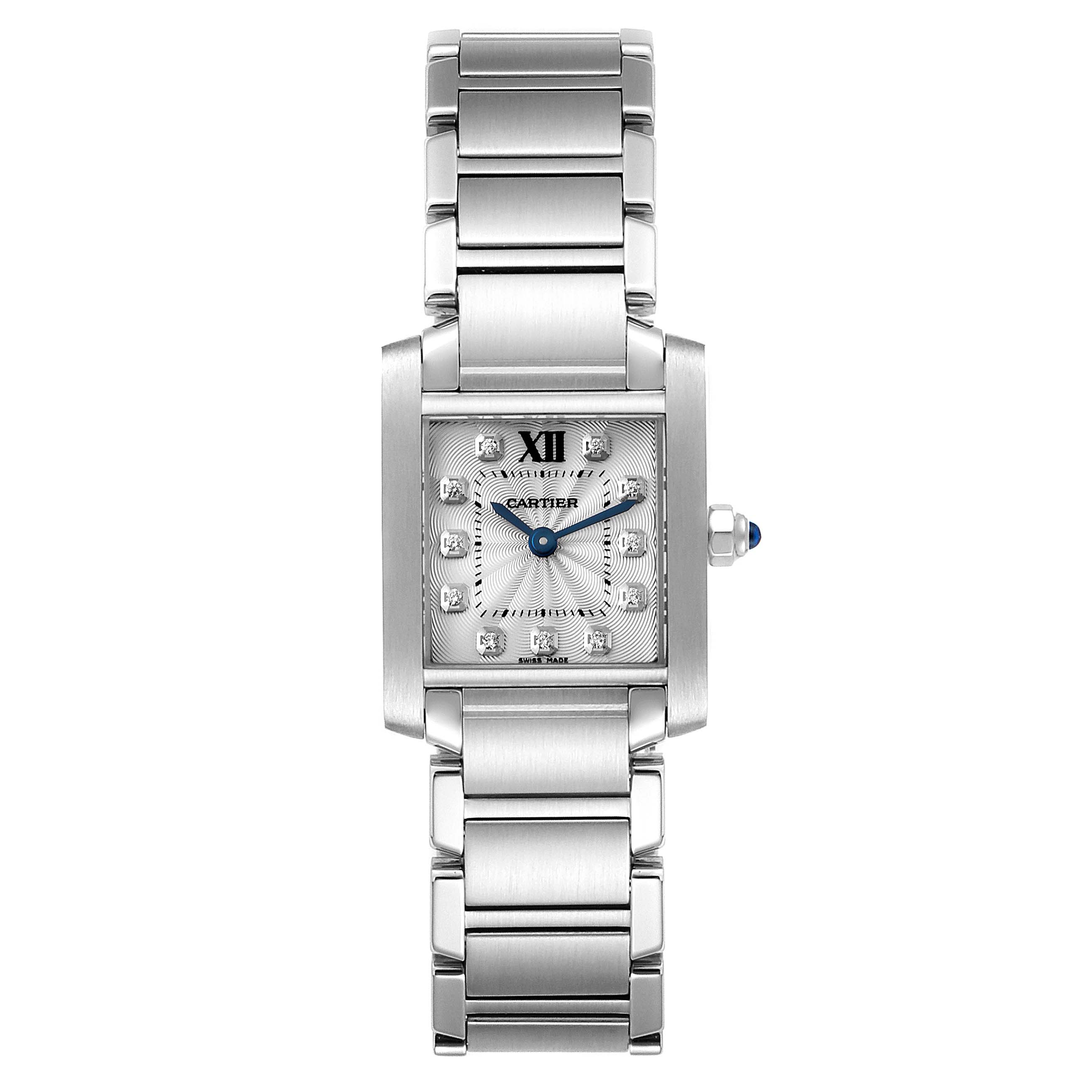 The image shows a top-down view of a Cartier Tank Francaise WE110006 Women's Stainless Steel Silver Dial WE110006 Women's Stainless Steel Silver Dial watch, featuring its face, bracelet, and crown with a blue stone.