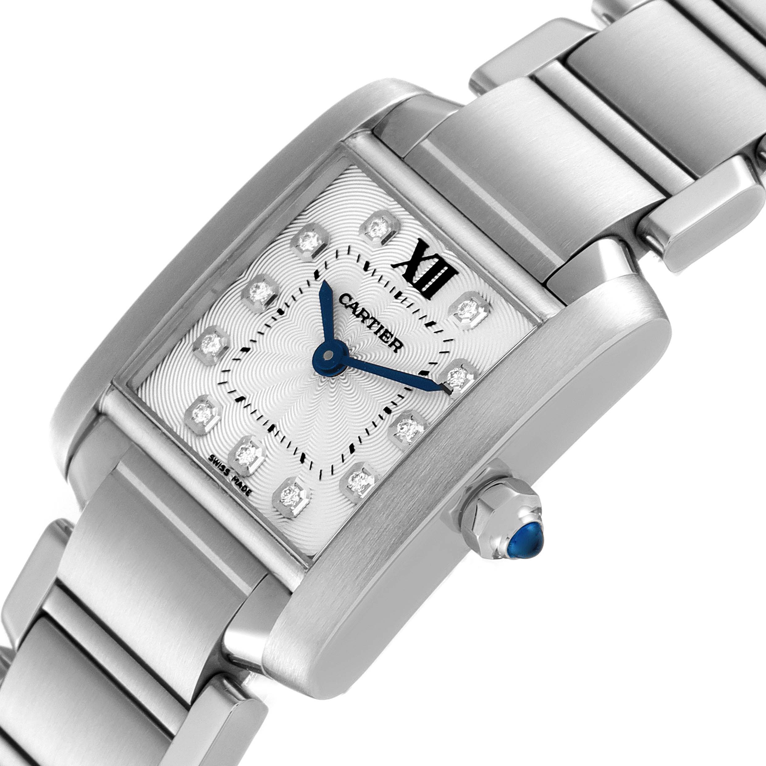 This image shows a close-up angled view of the Cartier Tank Française watch, highlighting the face, crown, and part of the bracelet.