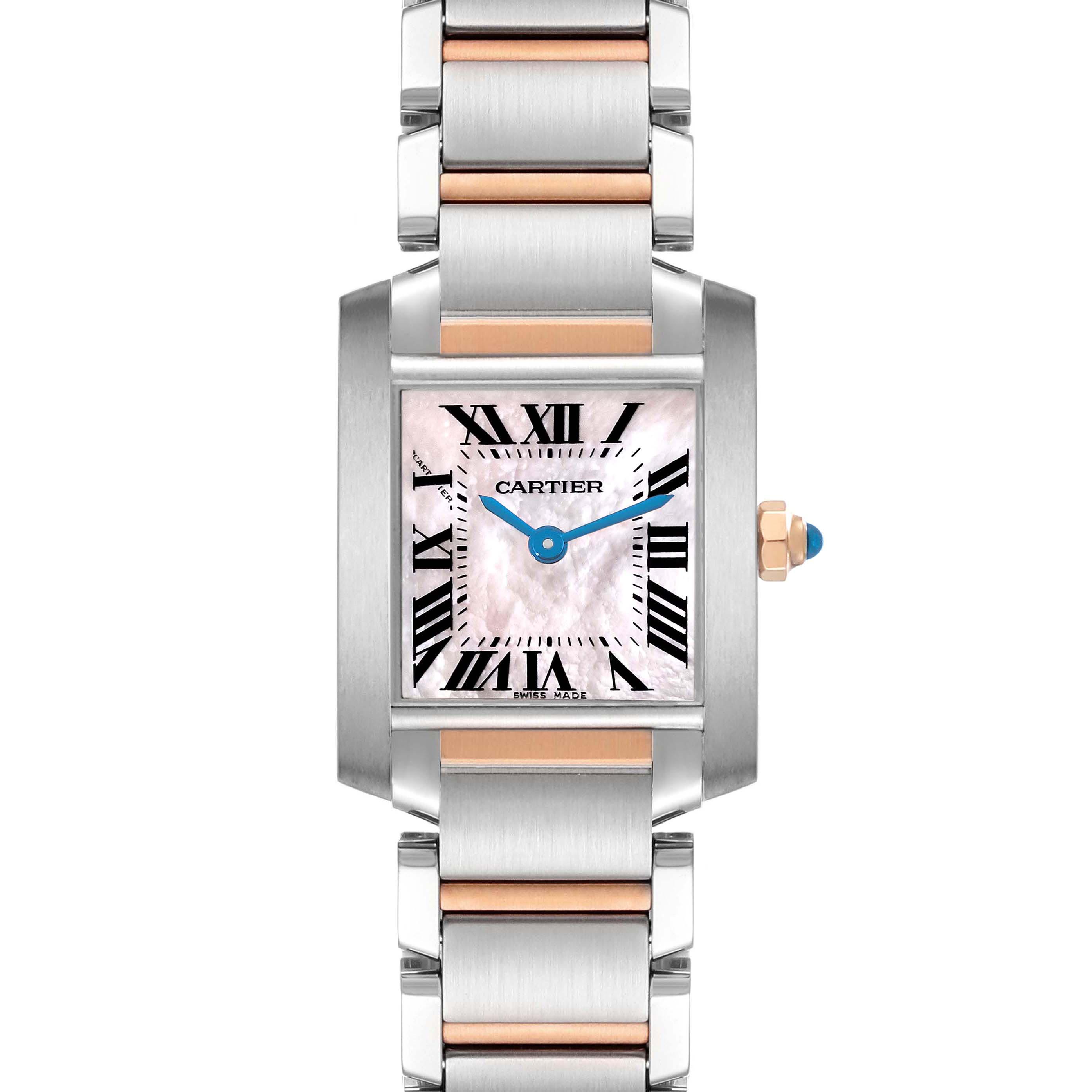 The Cartier Tank Française watch is shown from a front angle, displaying its square face, Roman numerals, and metal bracelet with gold accents.