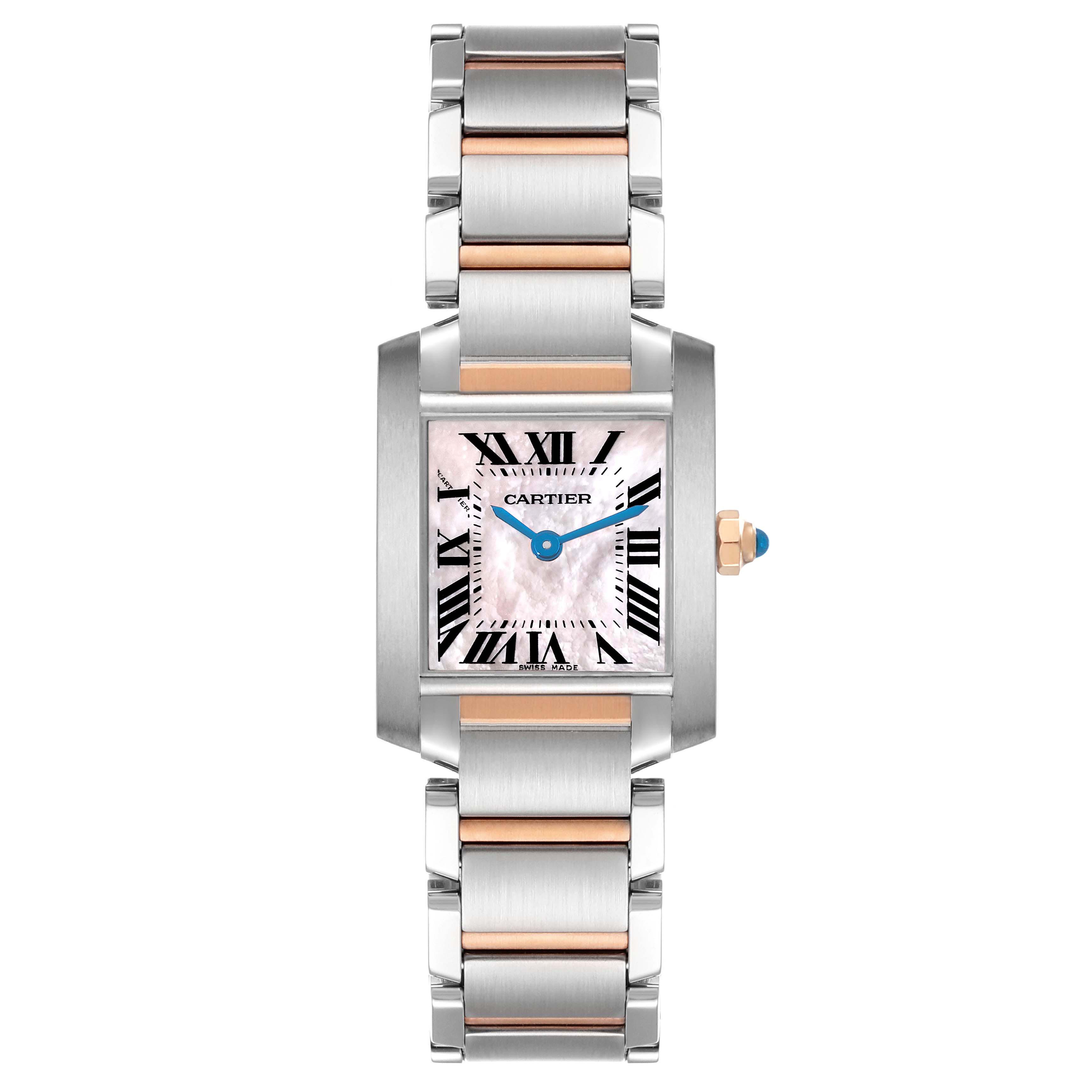 The Cartier Tank Française watch is shown from a front view, highlighting the two-tone bracelet and square dial with Roman numerals.