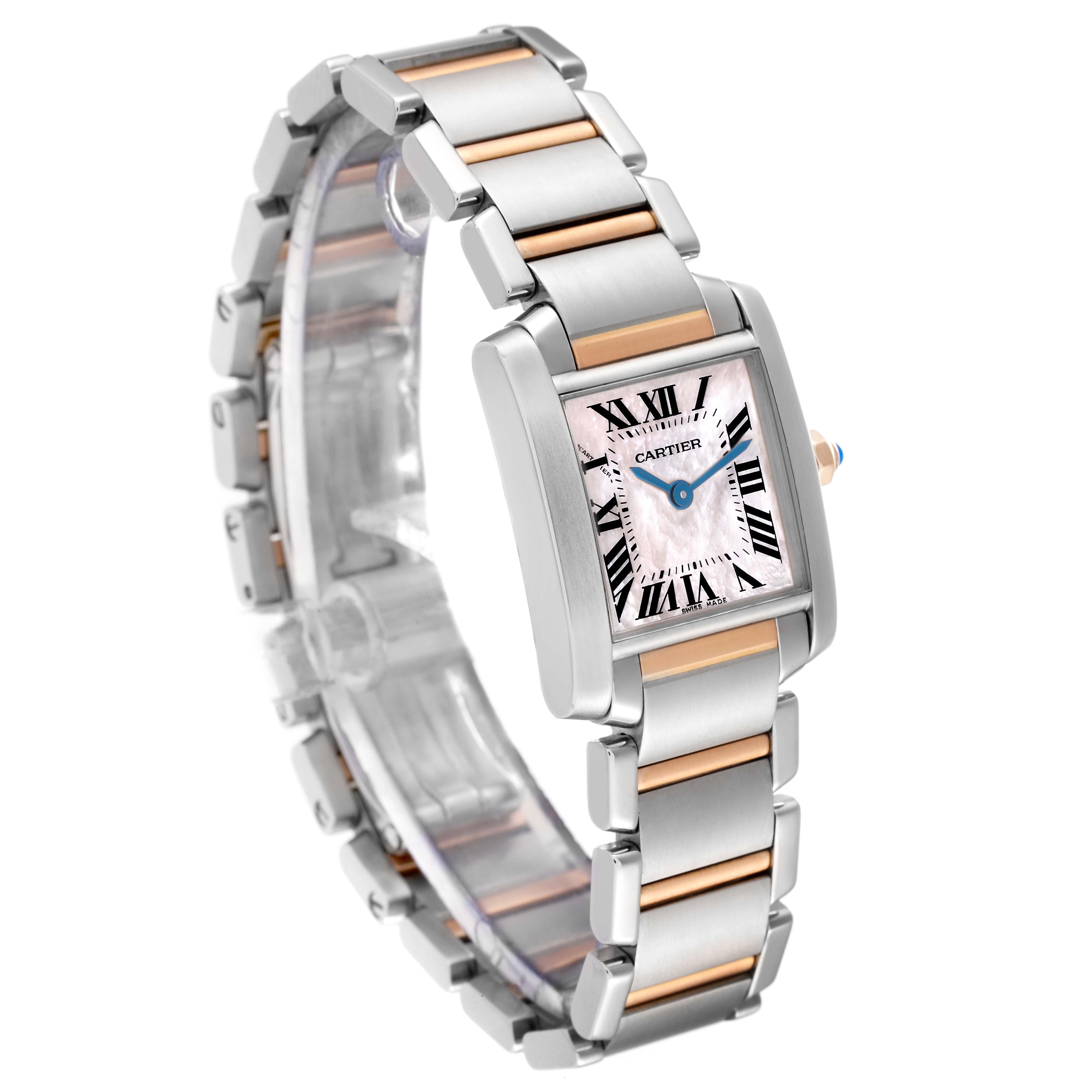 The Cartier Tank Française watch is shown at an angled view highlighting the face, band, and side detailing.