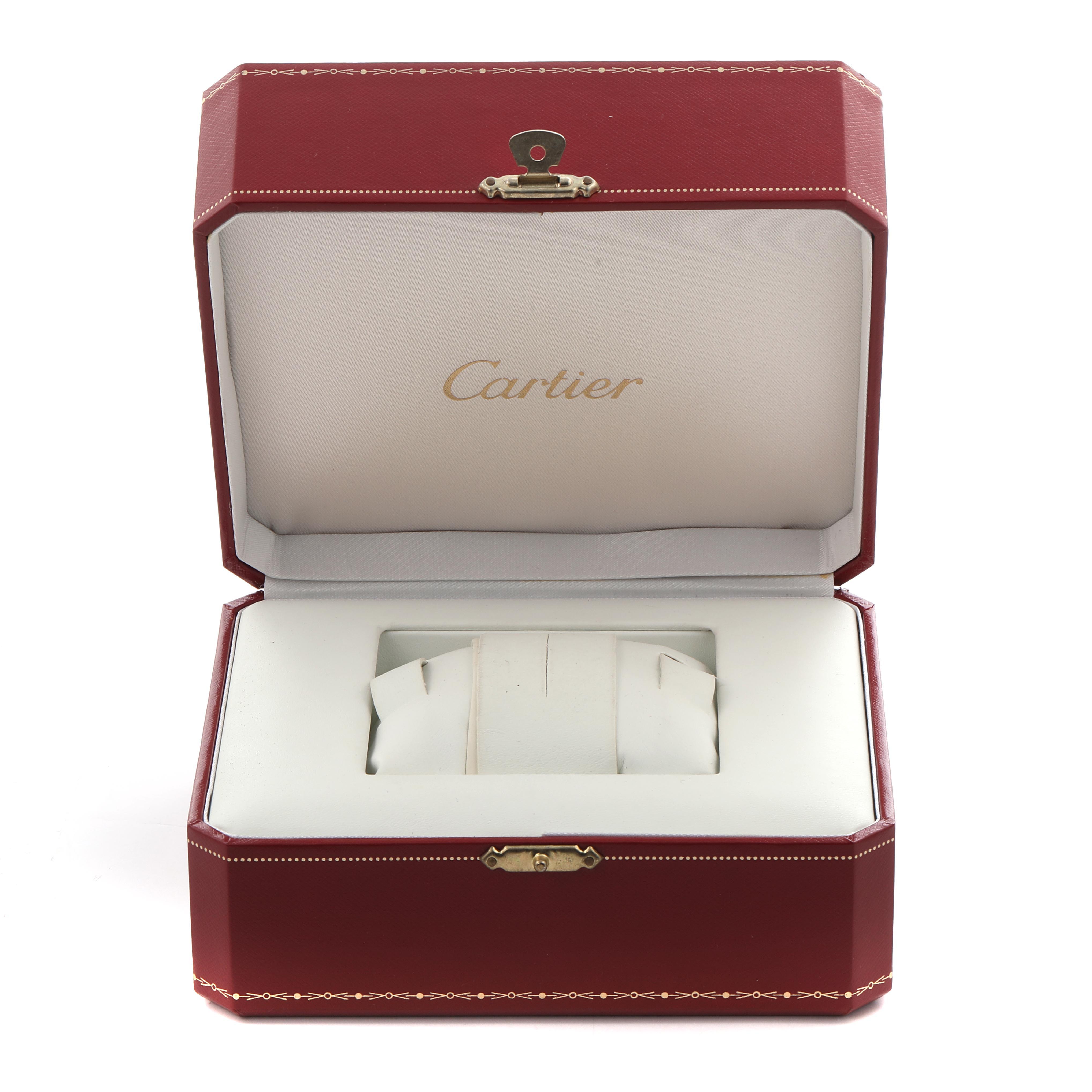 The image shows an open red Cartier box, likely for a Tank Francaise watch, with a cushioned interior.