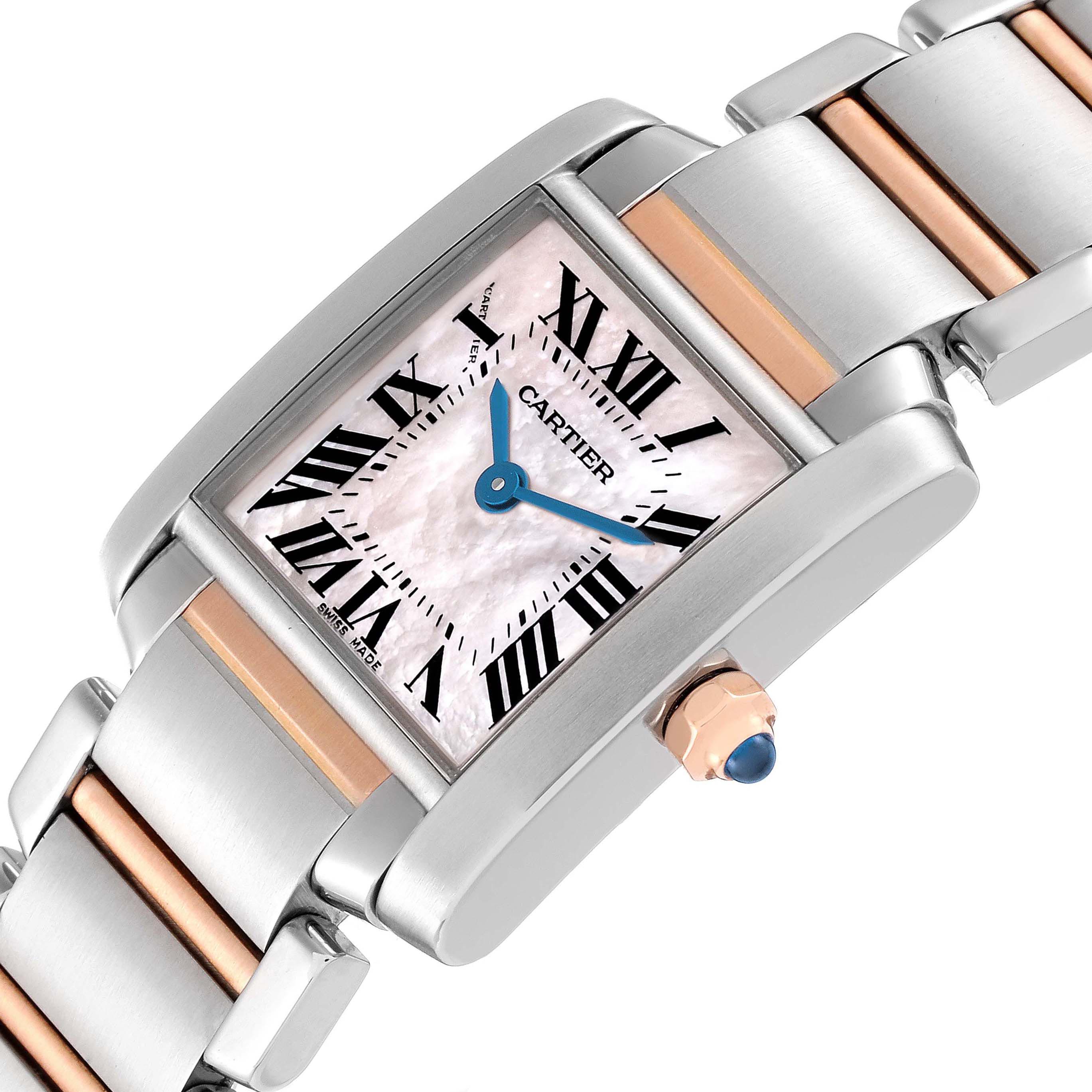 The image shows a close-up angled view of the Cartier Tank Française watch, highlighting the dial, crown, and part of the bracelet.