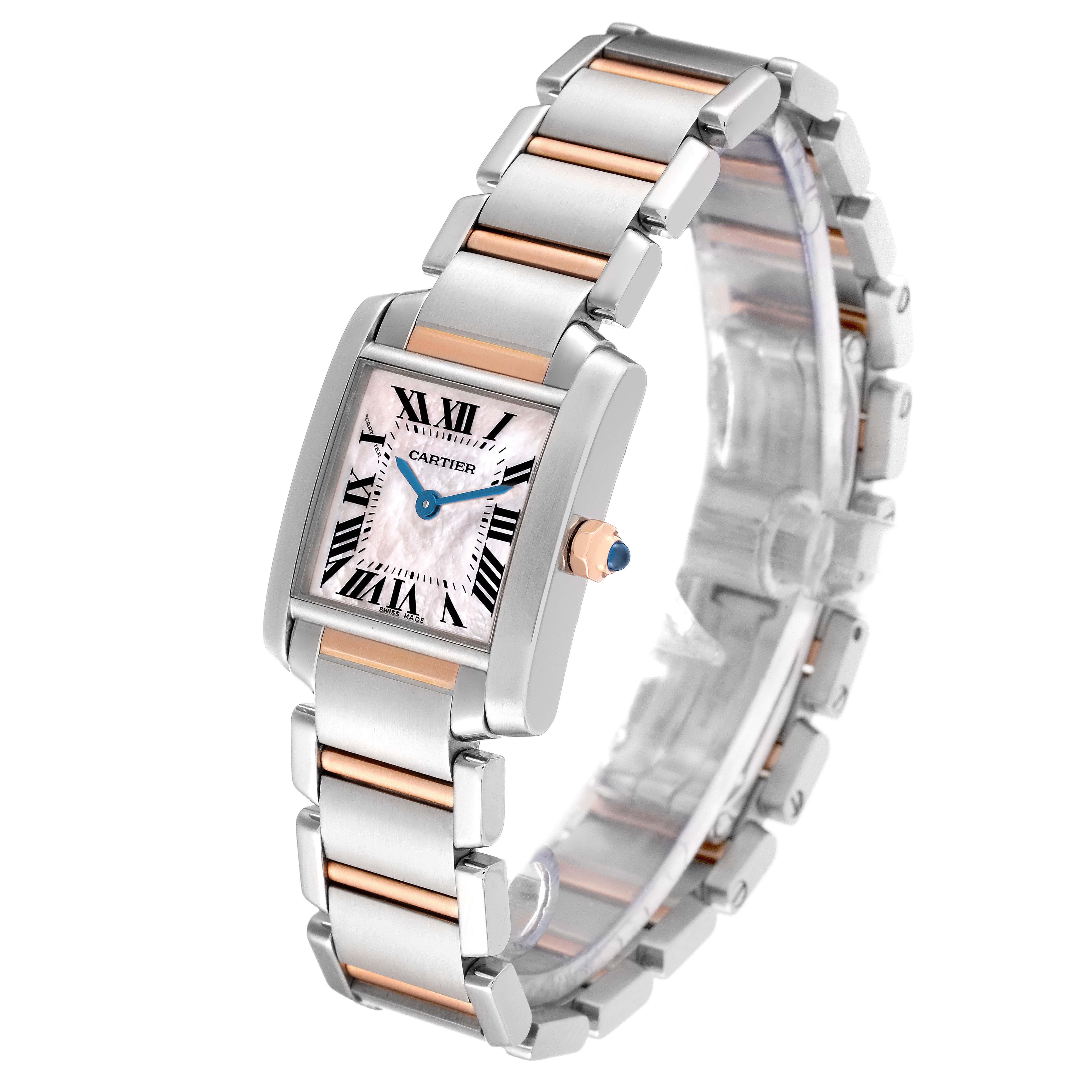 The Cartier Tank Française watch is shown at an angled view, displaying the face, crown, and bracelet.