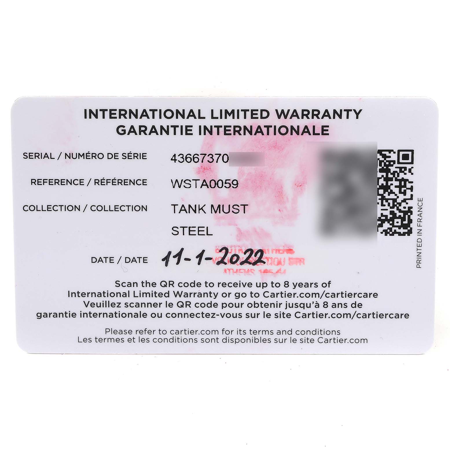 The image shows the Cartier Tank Must WSTA0059 Men's Stainless Steel Silver Dial WSTA0059 Men's Stainless Steel Silver Dial model's warranty card with serial, reference, collection, and date details.