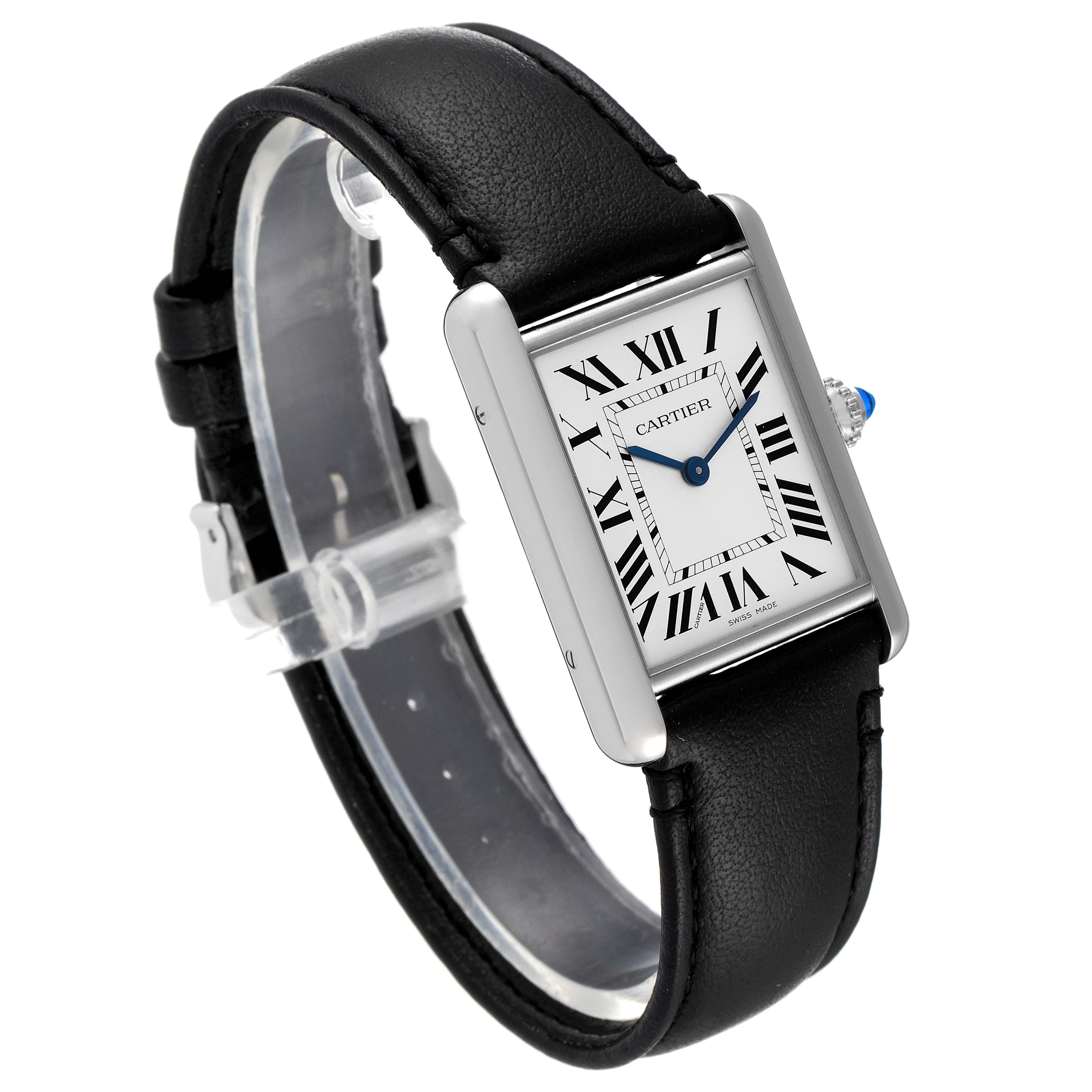 The Cartier Tank Must WSTA0059 Men's Stainless Steel Silver Dial WSTA0059 Men's Stainless Steel Silver Dial watch is shown from a three-quarter angle, displaying the face, leather strap, and crown.