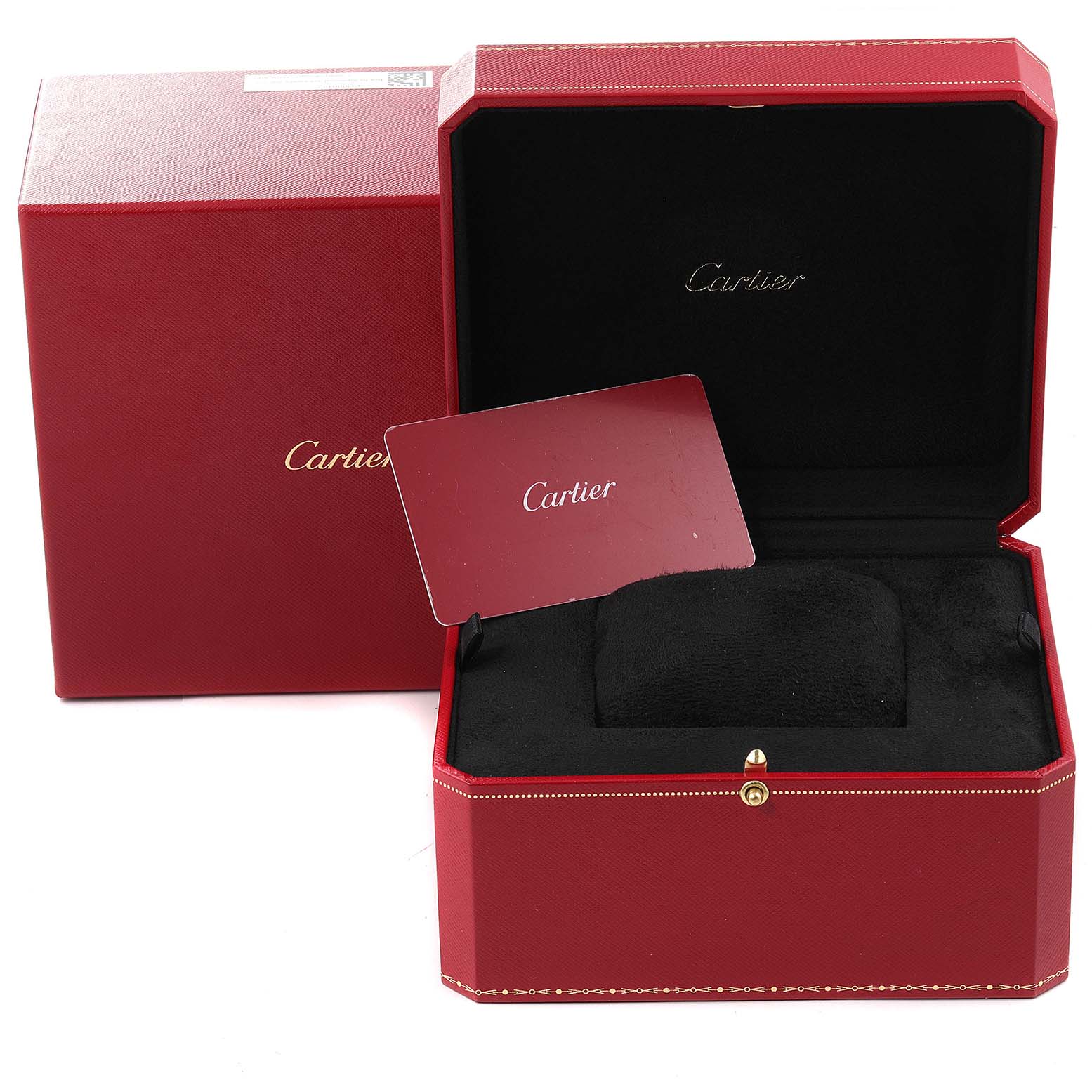 The image shows the packaging box and cushion for the Cartier Tank Must WSTA0059 Men's Stainless Steel Silver Dial WSTA0059 Men's Stainless Steel Silver Dial watch, along with a branded card.