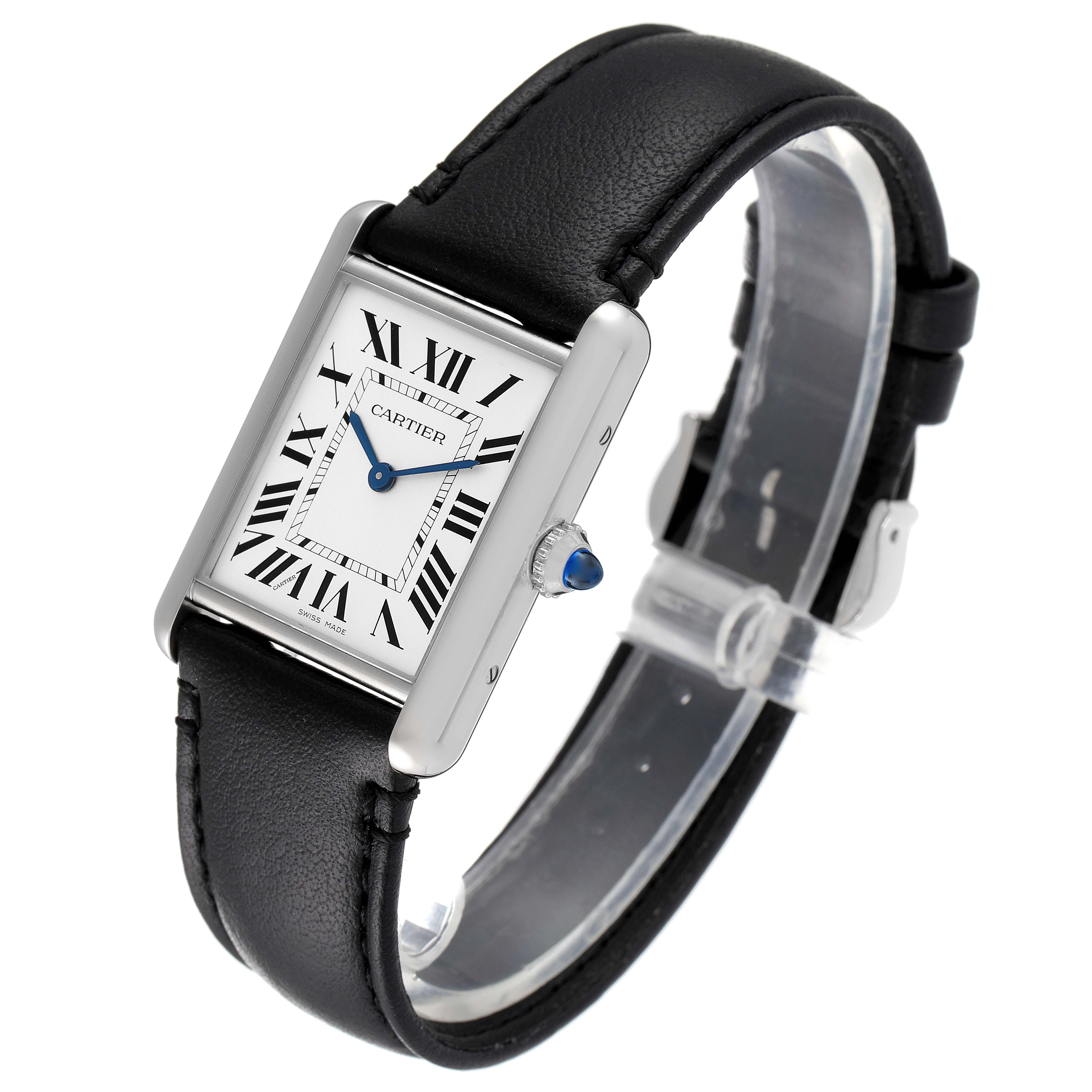The image shows a Cartier Tank Must WSTA0059 Men's Stainless Steel Silver Dial WSTA0059 Men's Stainless Steel Silver Dial watch at a three-quarters angle, highlighting its rectangular case, blue hands, crown, and black leather strap.