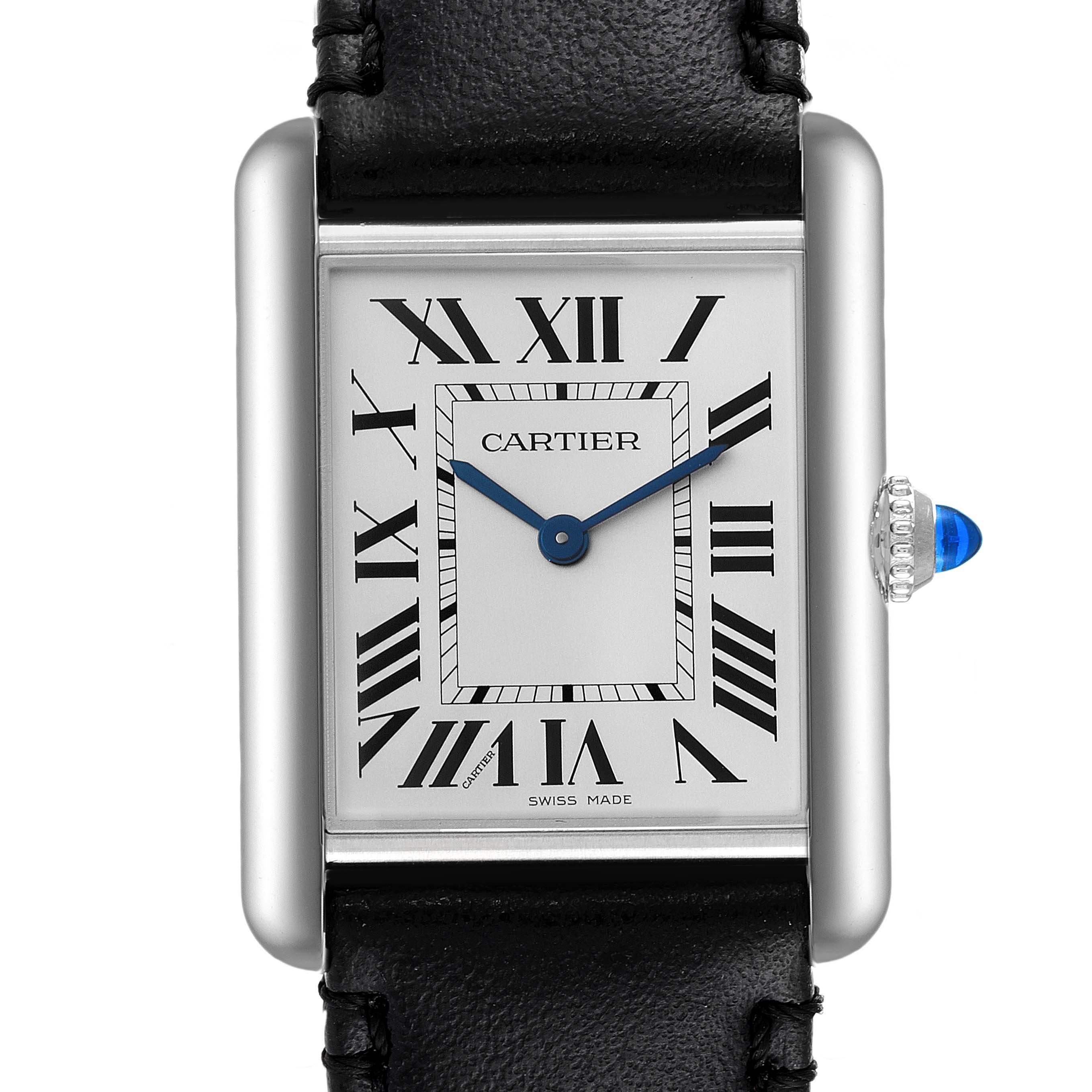 The image shows a front view of a Cartier Tank Must WSTA0059 Men's Stainless Steel Silver Dial WSTA0059 Men's Stainless Steel Silver Dial watch, highlighting its classic rectangular face, Roman numerals, blue hands, and black leather band.