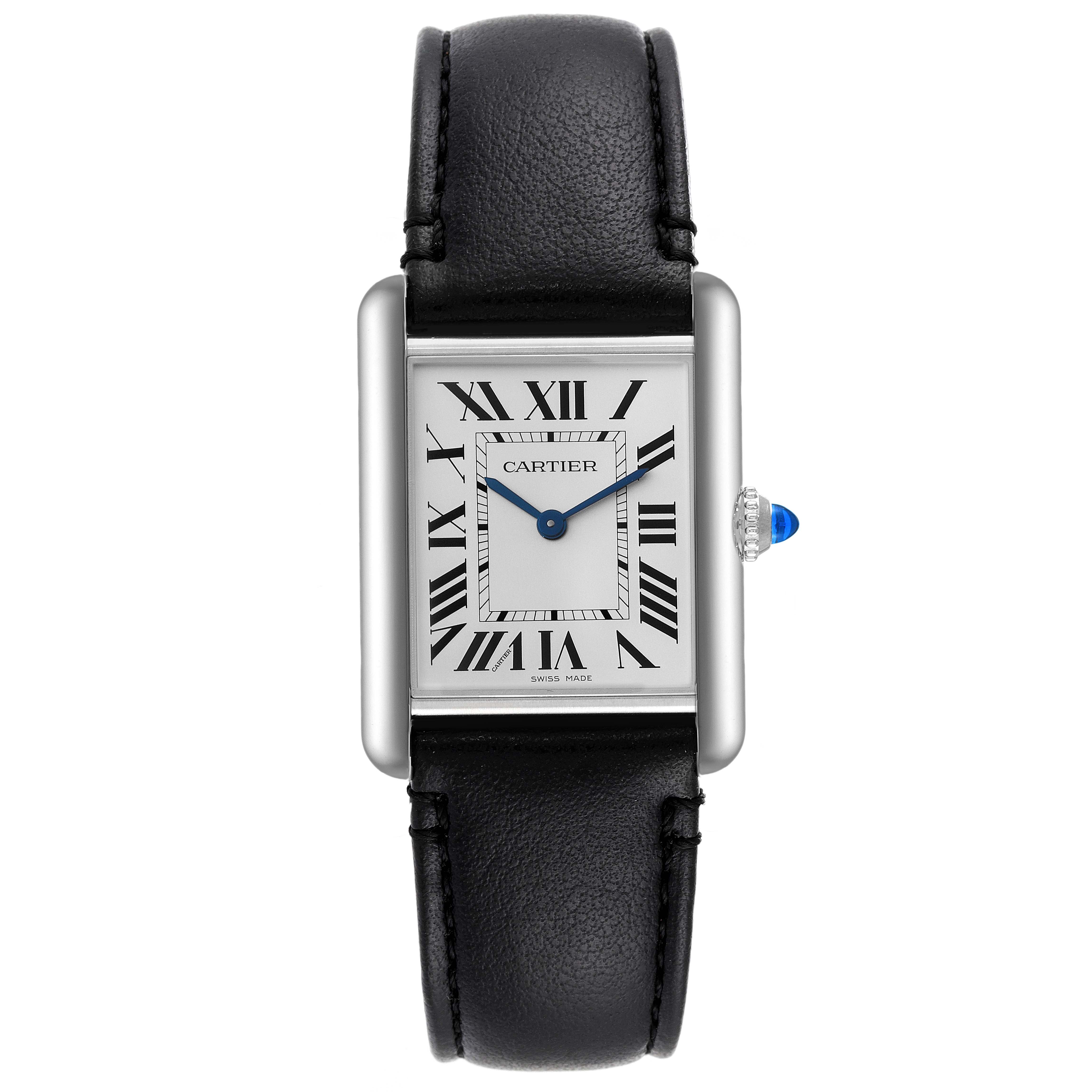 The image shows a front view of a Cartier Tank Must WSTA0059 Men's Stainless Steel Silver Dial WSTA0059 Men's Stainless Steel Silver Dial watch with a white dial, Roman numerals, and a black leather strap.