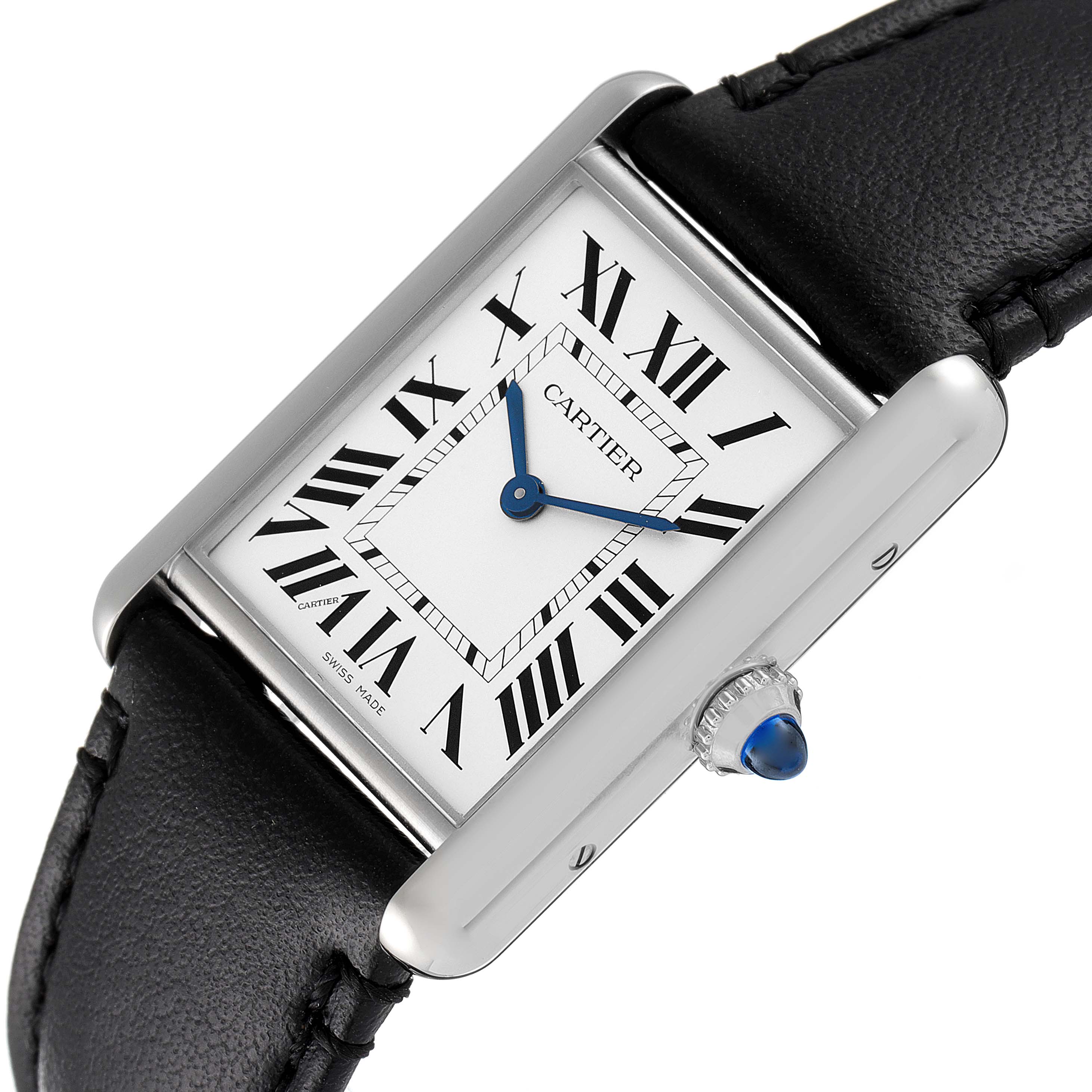 A close-up of the Cartier Tank Must WSTA0059 Men's Stainless Steel Silver Dial WSTA0059 Men's Stainless Steel Silver Dial watch, displaying its face, dial, bezel, crown, and leather strap at an angle.