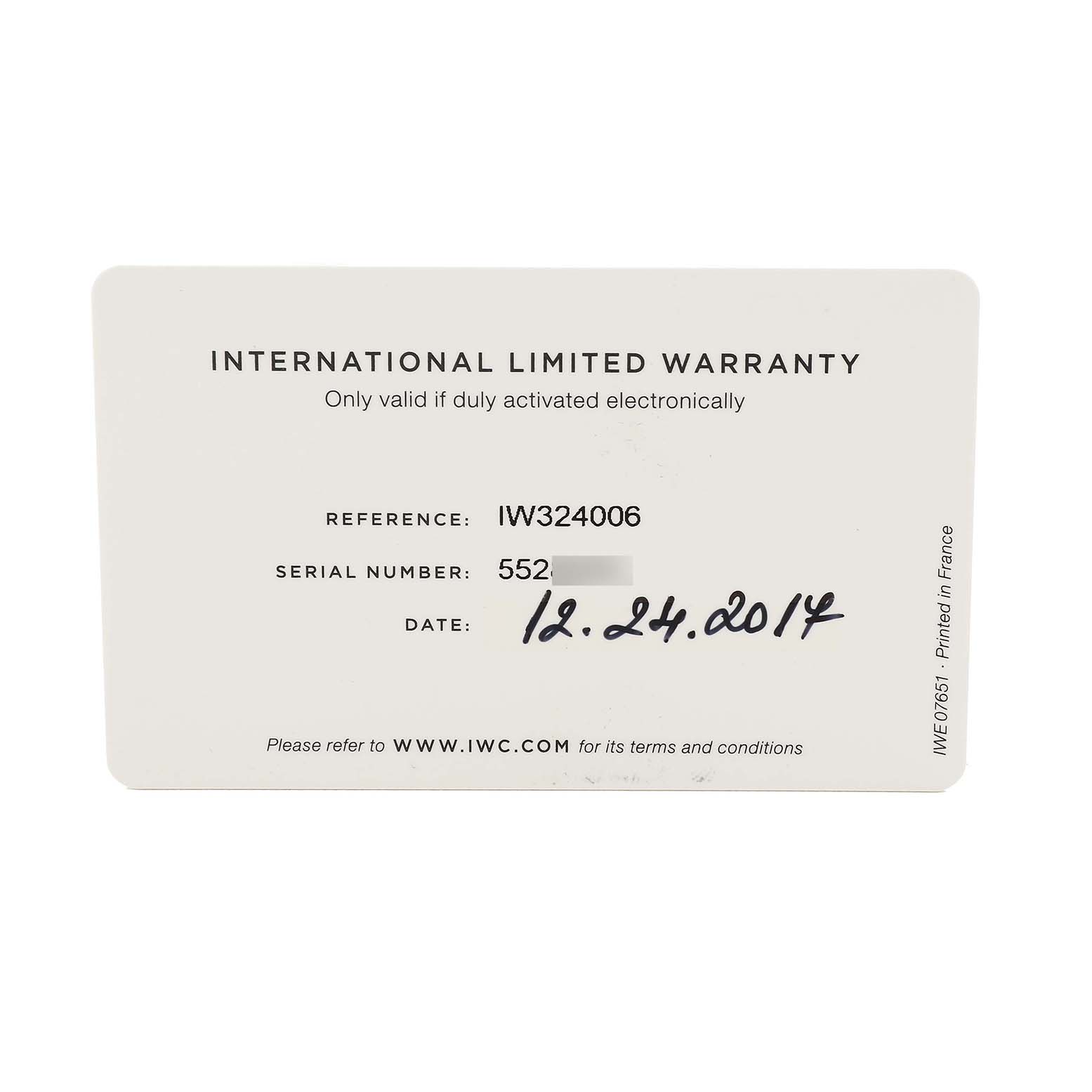 The image shows an IWC Pilot IW324006 Men's Stainless Steel Silver Dial model's International Limited Warranty card with reference and serial numbers visible.