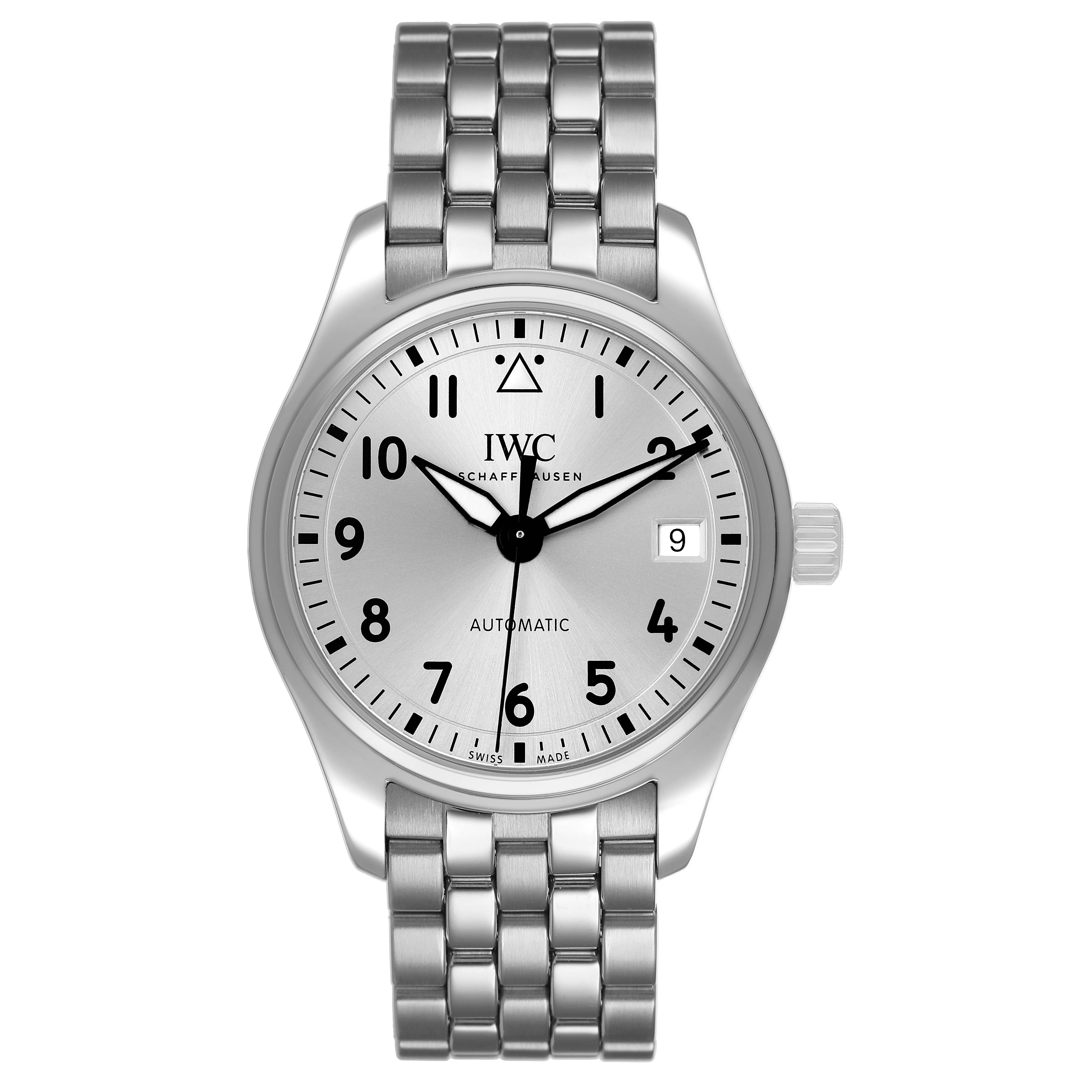 The image shows a front view of the IWC Pilot IW324006 Men's Stainless Steel Silver Dial watch, displaying the face, hands, and metal bracelet.