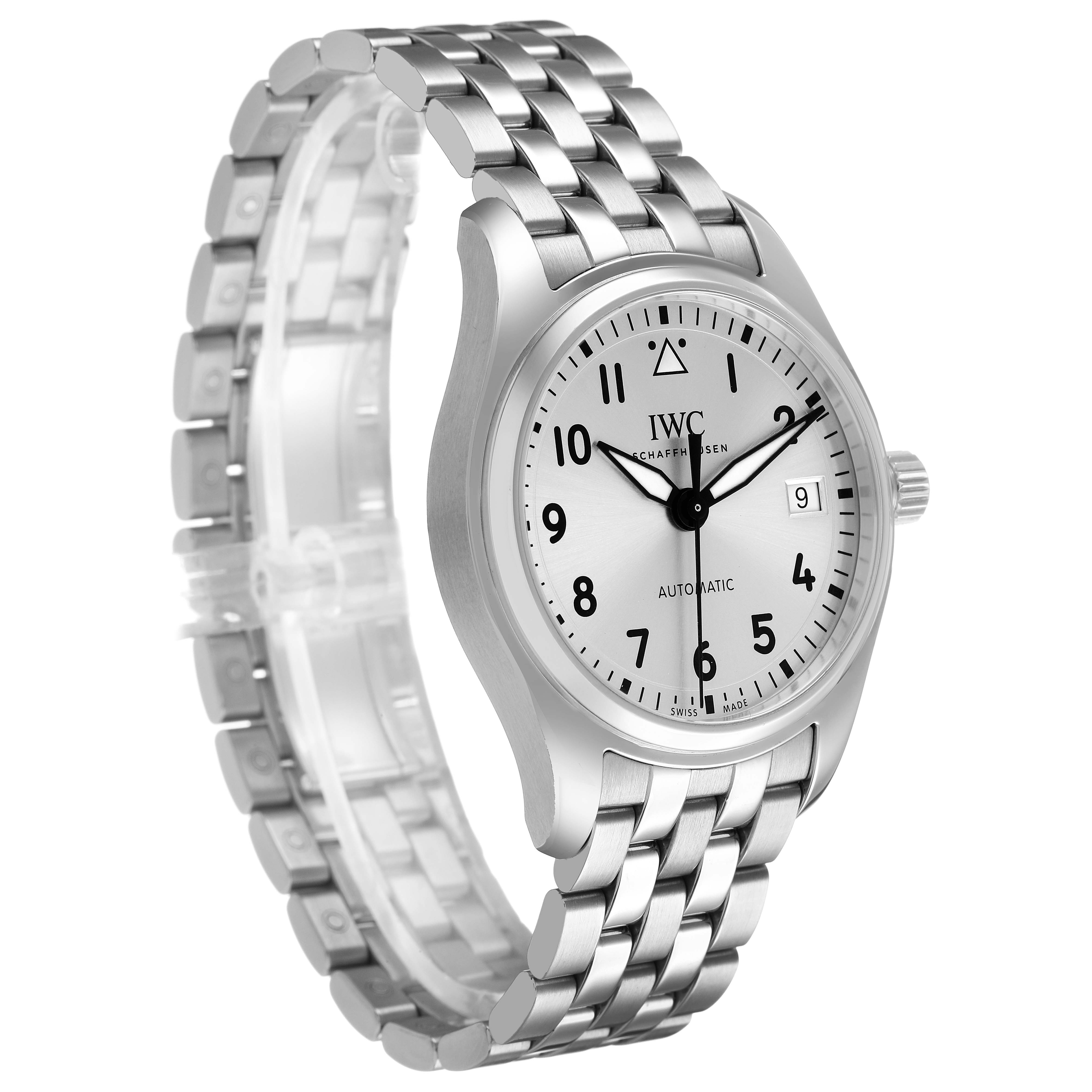 The IWC Pilot IW324006 Men's Stainless Steel Silver Dial watch is shown at a three-quarter angle, highlighting the dial, case, and metal bracelet.