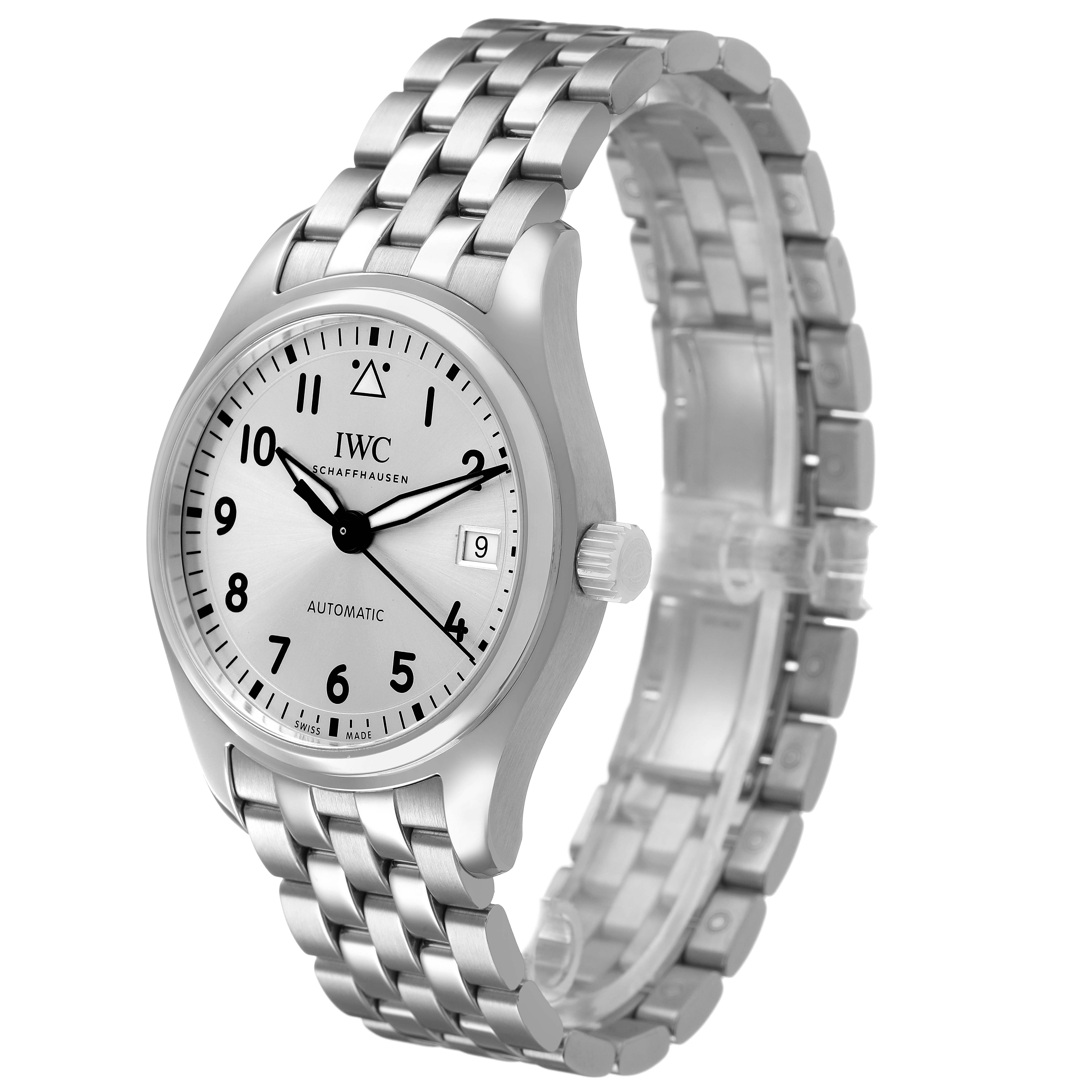 The IWC Pilot IW324006 Men's Stainless Steel Silver Dial watch is shown at a slight angle, highlighting the face, crown, and stainless steel bracelet.