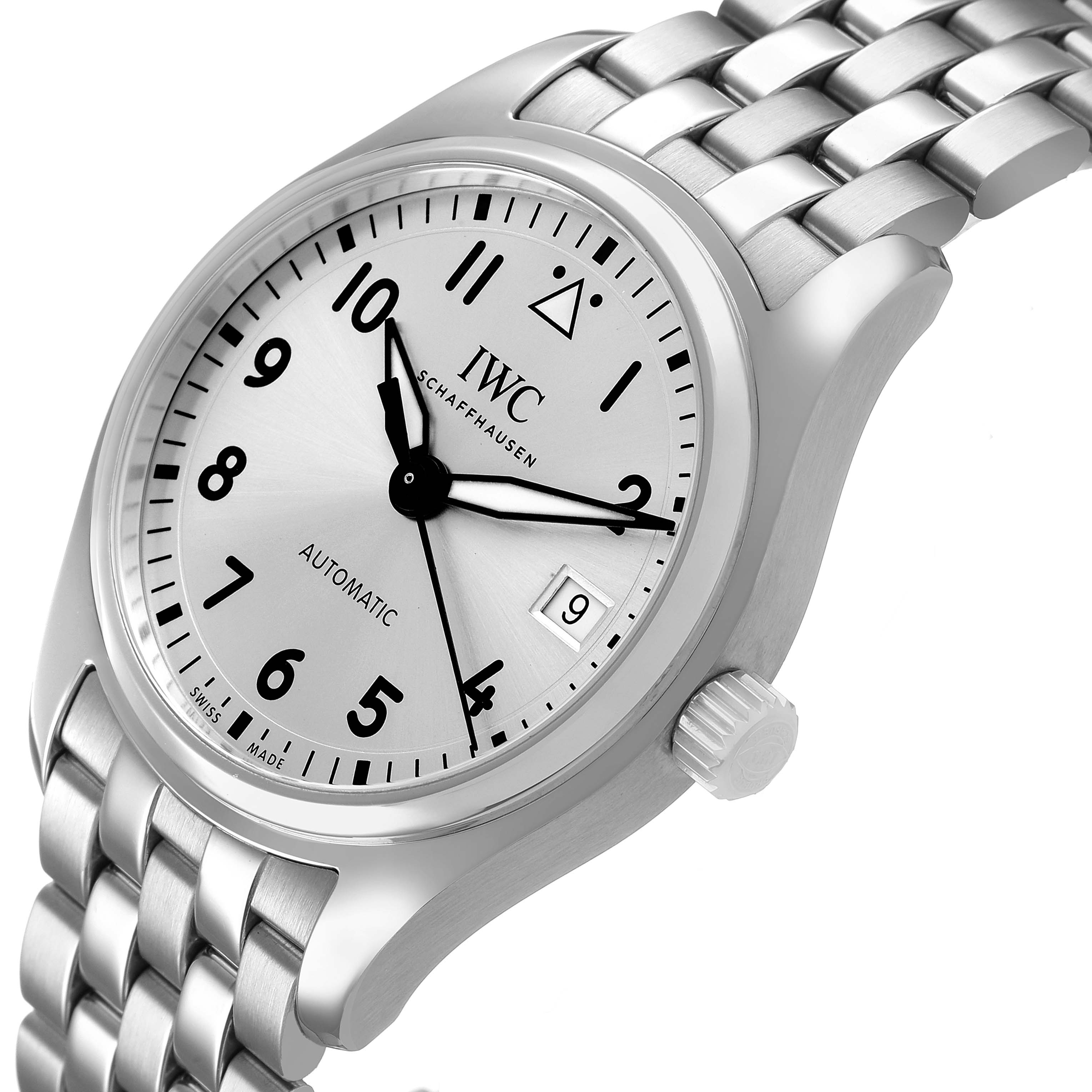 The IWC Pilot IW324006 Men's Stainless Steel Silver Dial watch is shown at a slight angled view, displaying the dial, bezel, crown, and part of the metal bracelet.