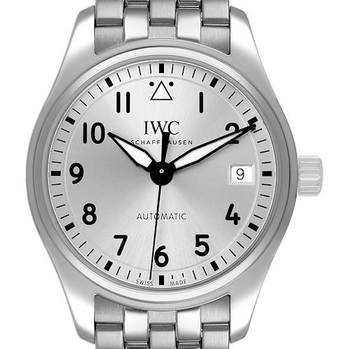 The IWC Pilot IW324006 Men's Stainless Steel Silver Dial model watch is shown from the front, displaying its face, numerals, date window, and partial metal bracelet.