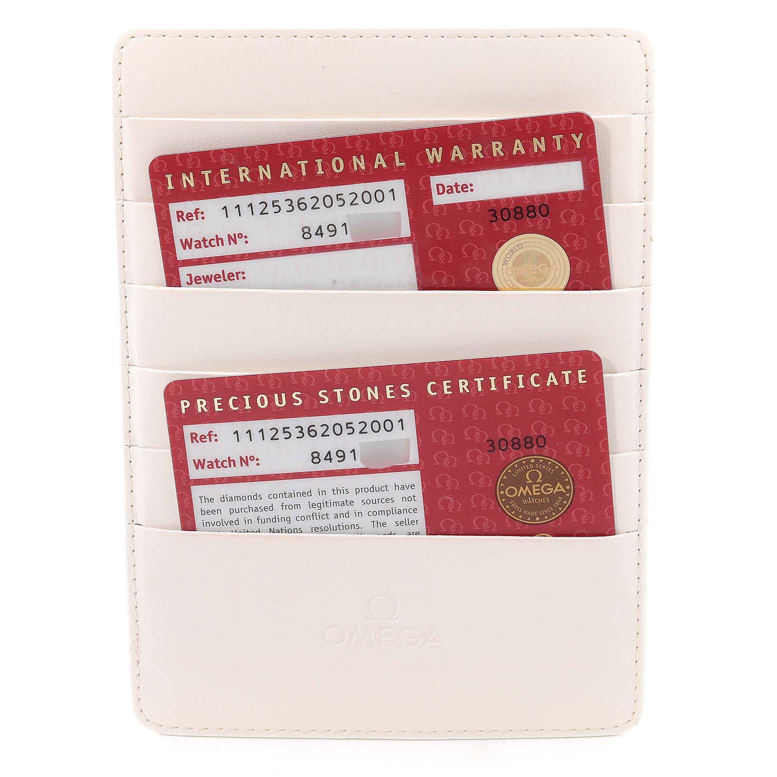 The image shows Omega Constellation 111.25.36.20.52.001 Men's Steel and Gold (two tone) Silver Dial 111.25.36.20.52.001 Men's Steel and Gold (two tone) Silver Dial warranty and certification cards in a white Omega cardholder, viewed from the front.