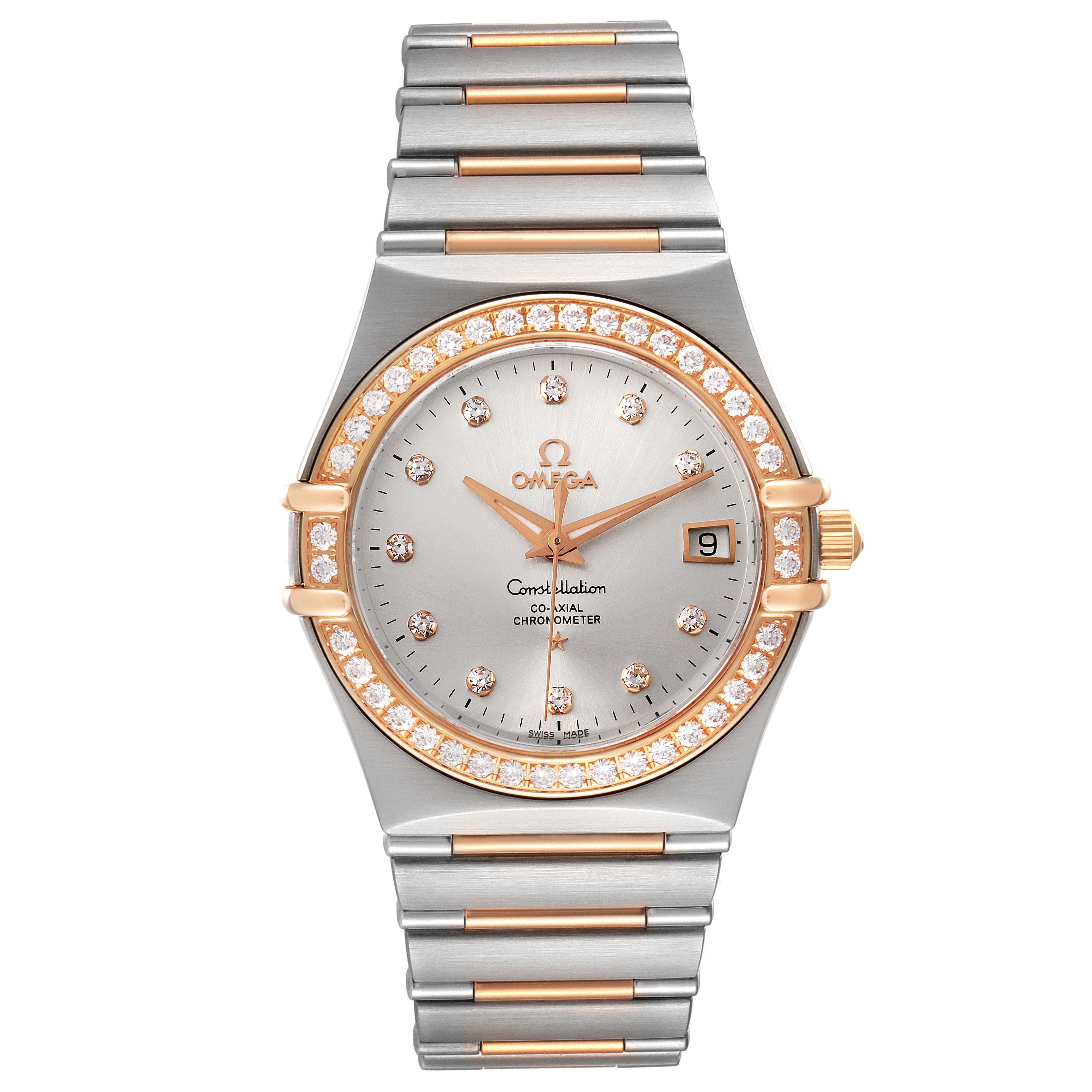 The image shows a front view of an Omega Constellation 111.25.36.20.52.001 Men's Steel and Gold (two tone) Silver Dial 111.25.36.20.52.001 Men's Steel and Gold (two tone) Silver Dial watch featuring a silver and gold bracelet, diamond-studded bezel, and date display.