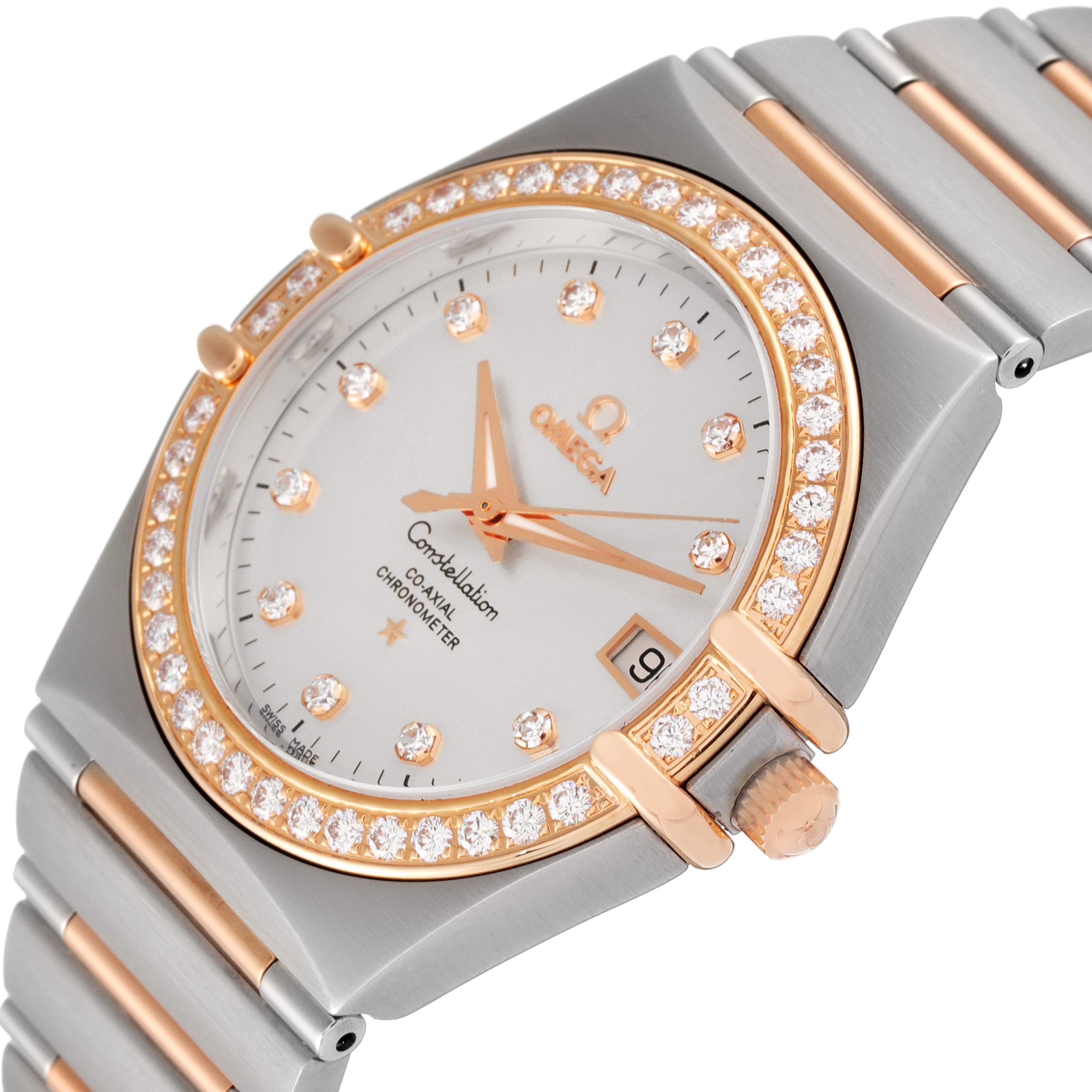 The image shows a close-up angle of the Omega Constellation 111.25.36.20.52.001 Men's Steel and Gold (two tone) Silver Dial 111.25.36.20.52.001 Men's Steel and Gold (two tone) Silver Dial watch, highlighting its dial, bezel, and part of the bracelet.
