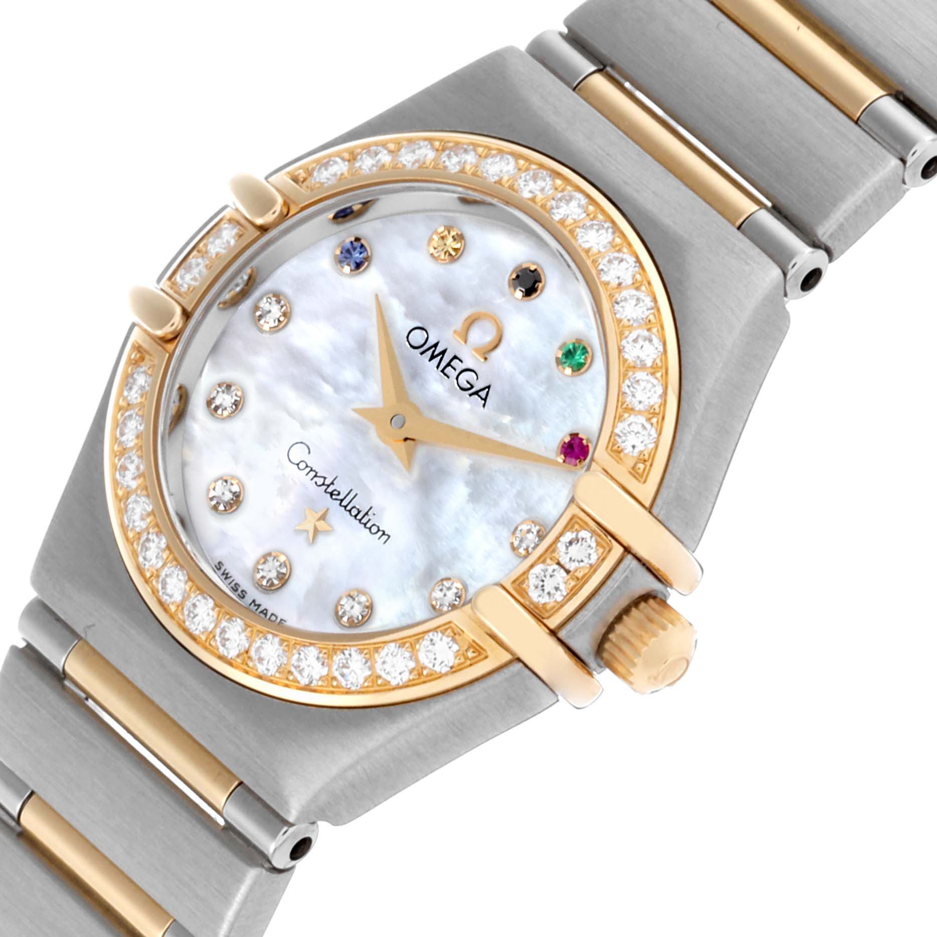 This image shows an angled view of the Omega 111.25.23.60.55.001 Women's Steel and Gold (two tone) Mother of Pearl Dial 111.25.23.60.55.001 Women's Steel and Gold (two tone) Mother of Pearl Dial Constellation Beijing Steel Yellow Gold Diamond Watch, highlighting its dial and bracelet.