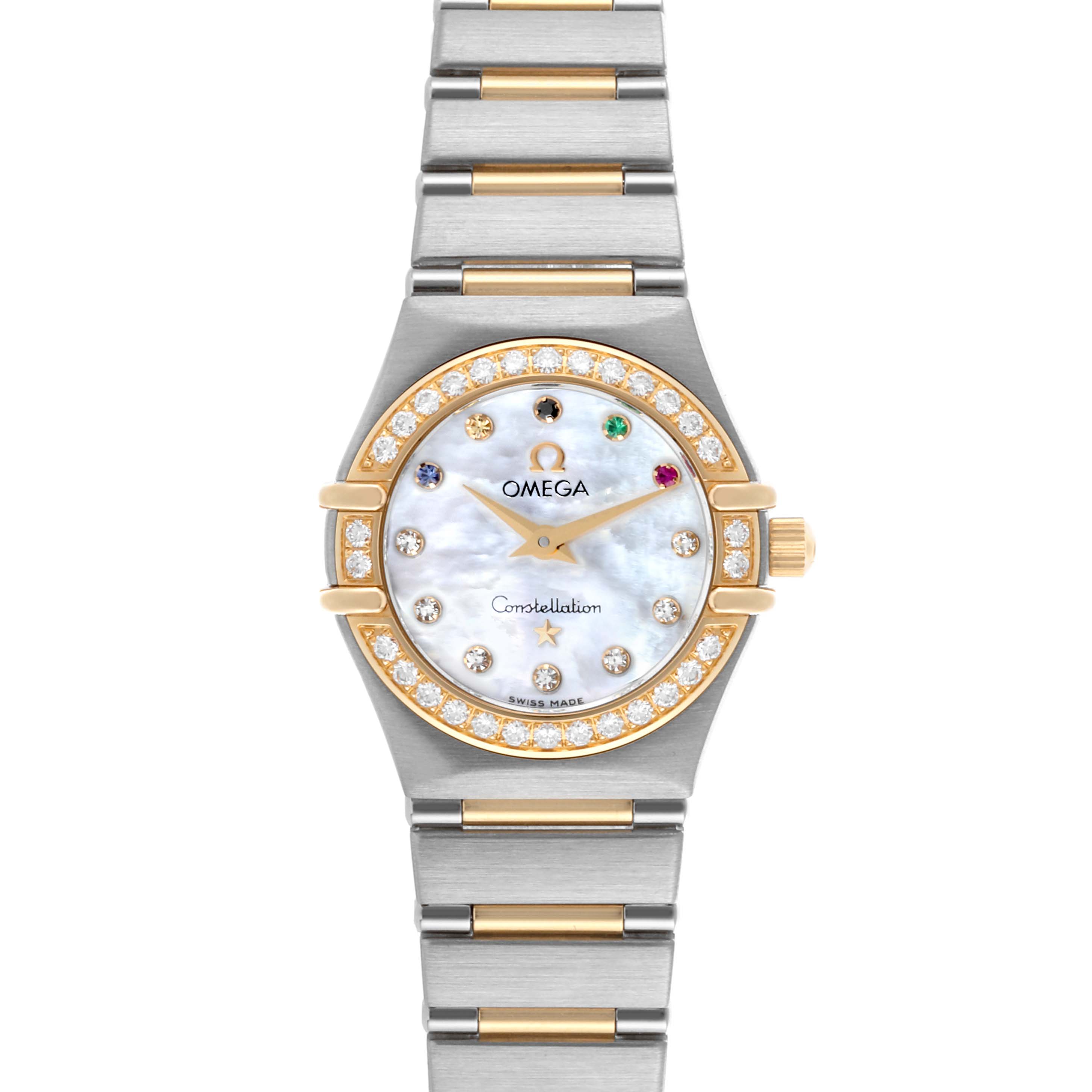 The Omega 111.25.23.60.55.001 Women's Steel and Gold (two tone) Mother of Pearl Dial 111.25.23.60.55.001 Women's Steel and Gold (two tone) Mother of Pearl Dial Constellation Beijing Steel Yellow Gold Diamond Watch is shown from a top-down angle, highlighting the face and bracelet.