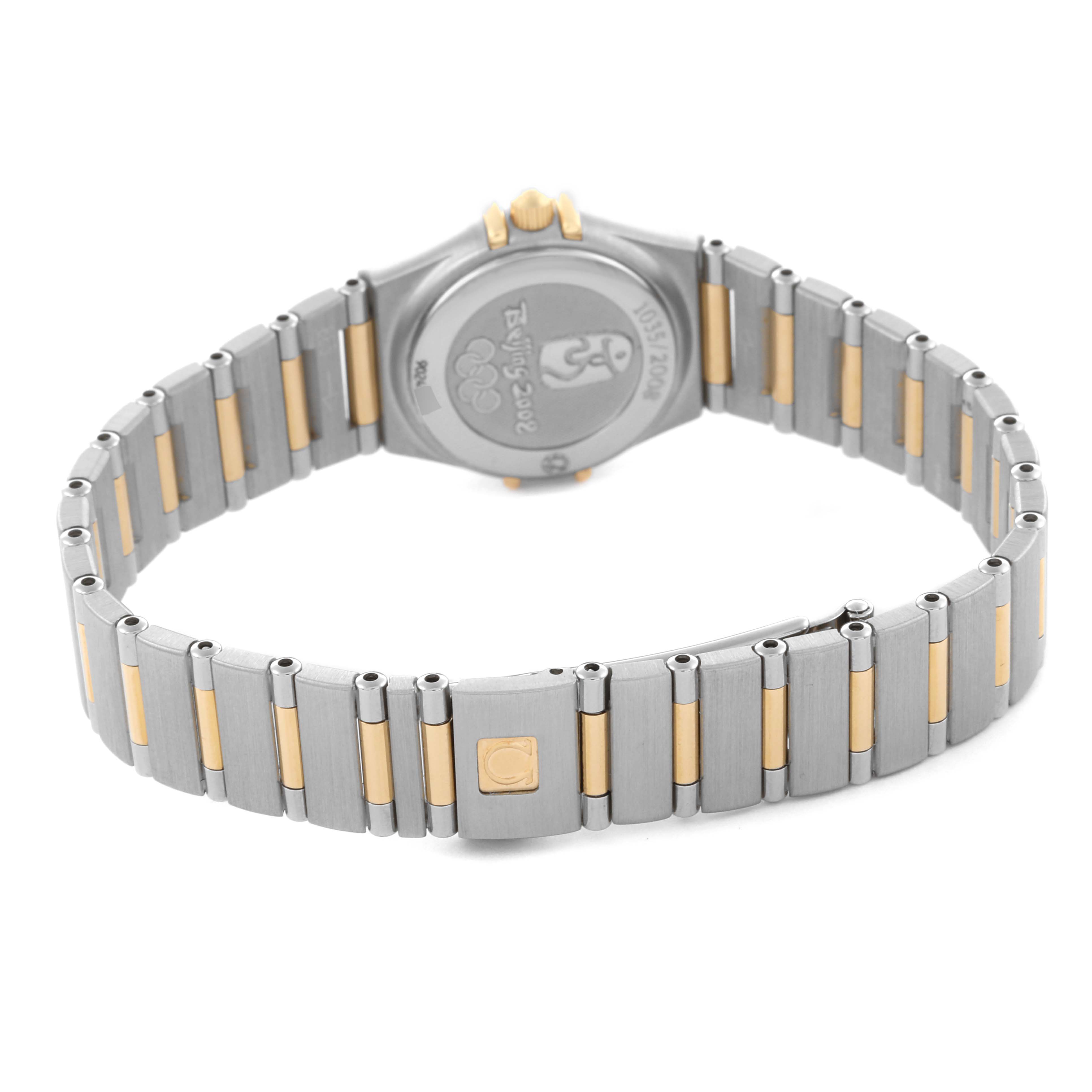 The image shows the back of the Omega 111.25.23.60.55.001 Women's Steel and Gold (two tone) Mother of Pearl Dial 111.25.23.60.55.001 Women's Steel and Gold (two tone) Mother of Pearl Dial Constellation Beijing Steel Yellow Gold Diamond Watch, focusing on the bracelet and clasp.