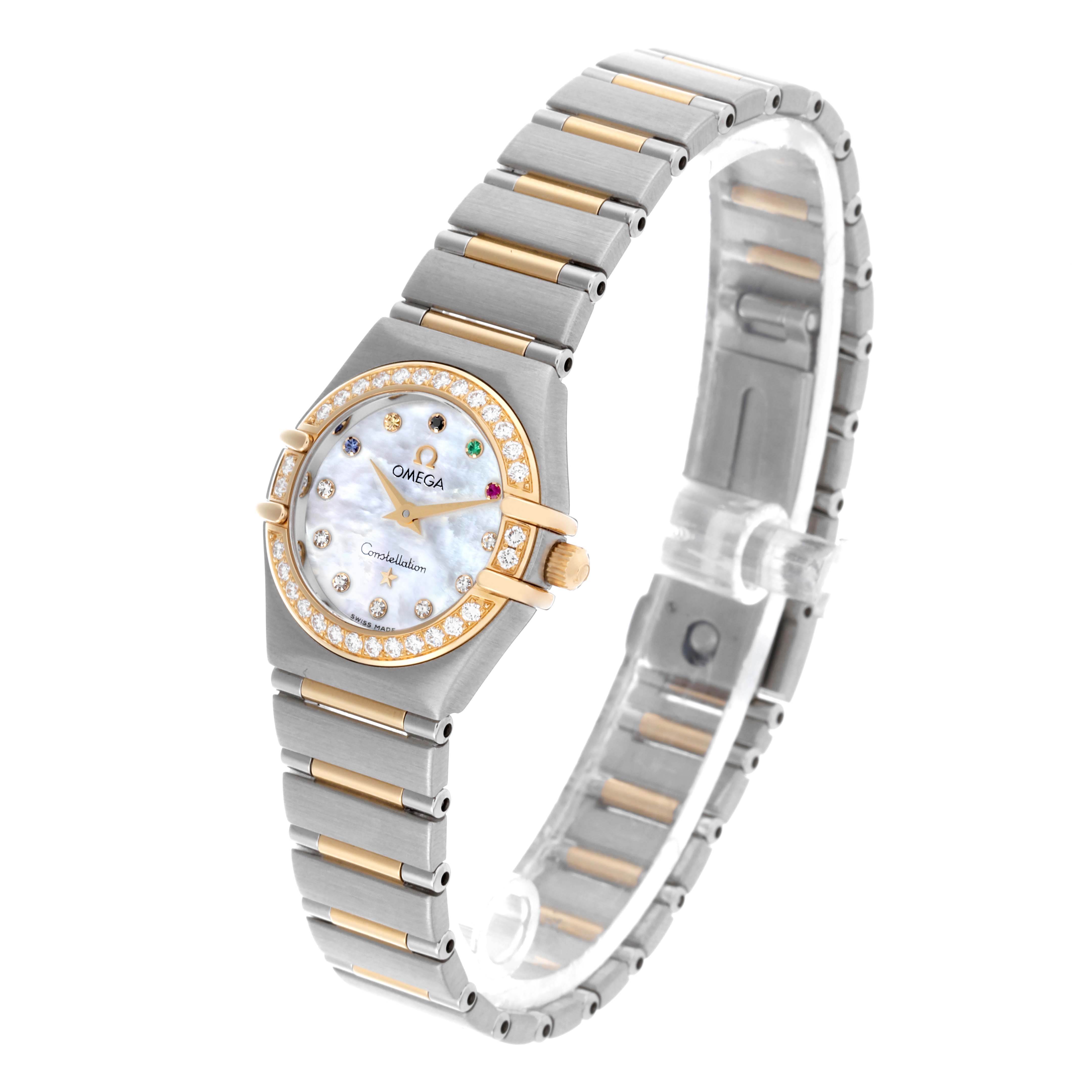 The Omega 111.25.23.60.55.001 Women's Steel and Gold (two tone) Mother of Pearl Dial 111.25.23.60.55.001 Women's Steel and Gold (two tone) Mother of Pearl Dial Constellation Beijing Steel Yellow Gold Diamond Watch is shown at a three-quarter angle, highlighting its face, bezel, and bracelet.