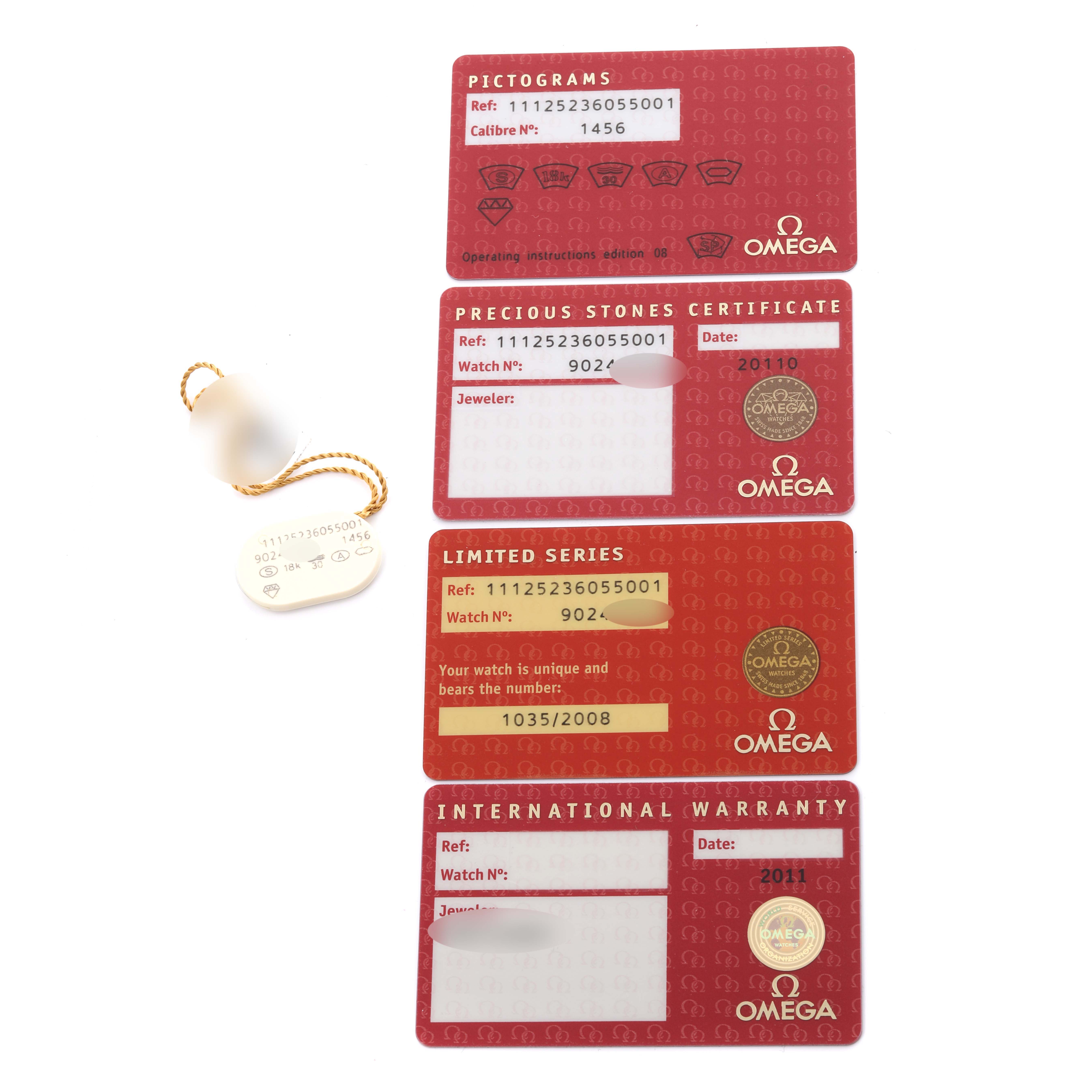 The image shows Omega 111.25.23.60.55.001 Women's Steel and Gold (two tone) Mother of Pearl Dial 111.25.23.60.55.001 Women's Steel and Gold (two tone) Mother of Pearl Dial Constellation Beijing model 111.25.23.60.55.001 cards: Pictograms, Precious Stones Certificate, Limited Series, and Warranty, along with a tag.