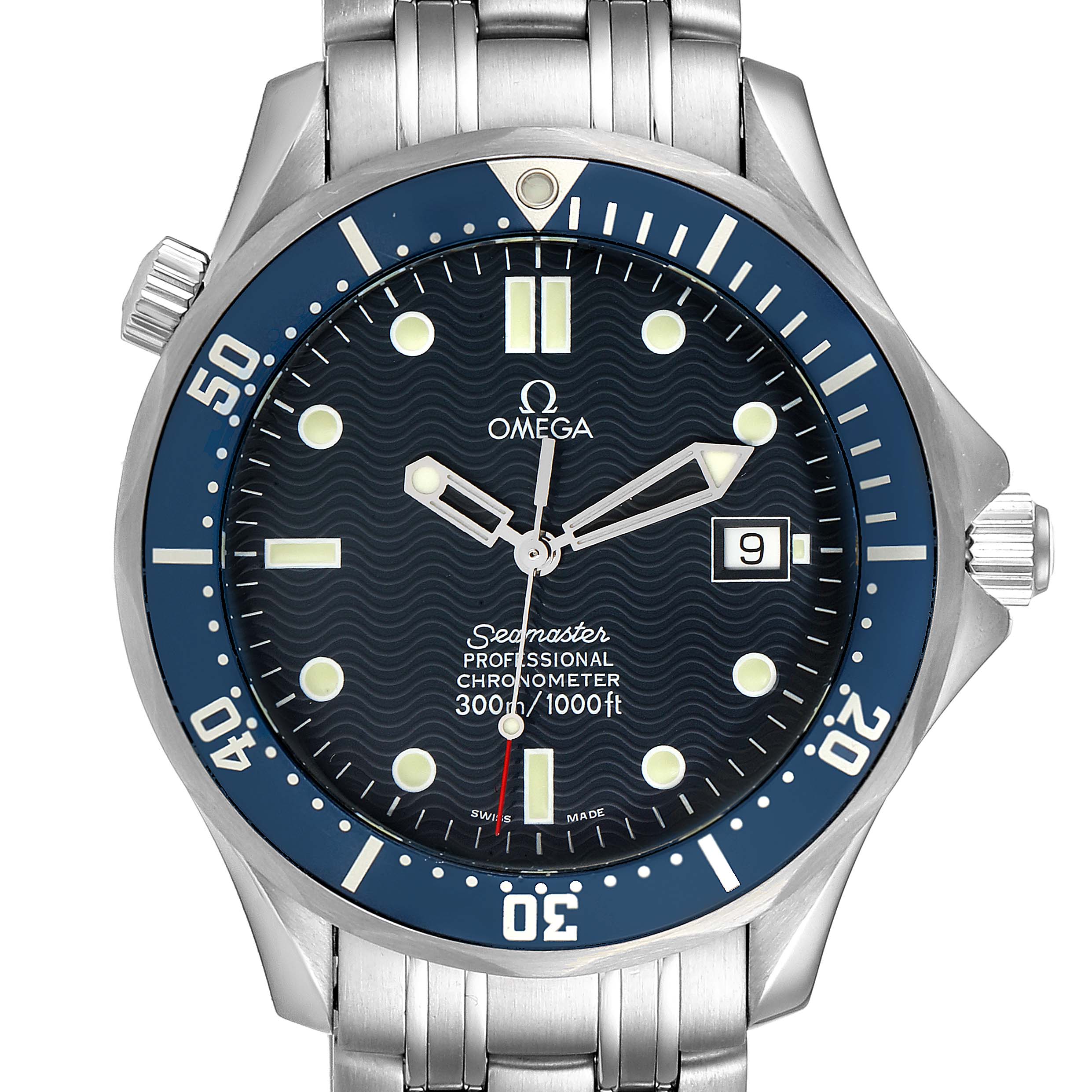 The image shows a front view of the Omega Seamaster 2531.80.00 Men
s Stainless Steel Blue Dial 2531.80.00 Men
s Stainless Steel Blue Dial watch, highlighting its dial, bezel, and bracelet.