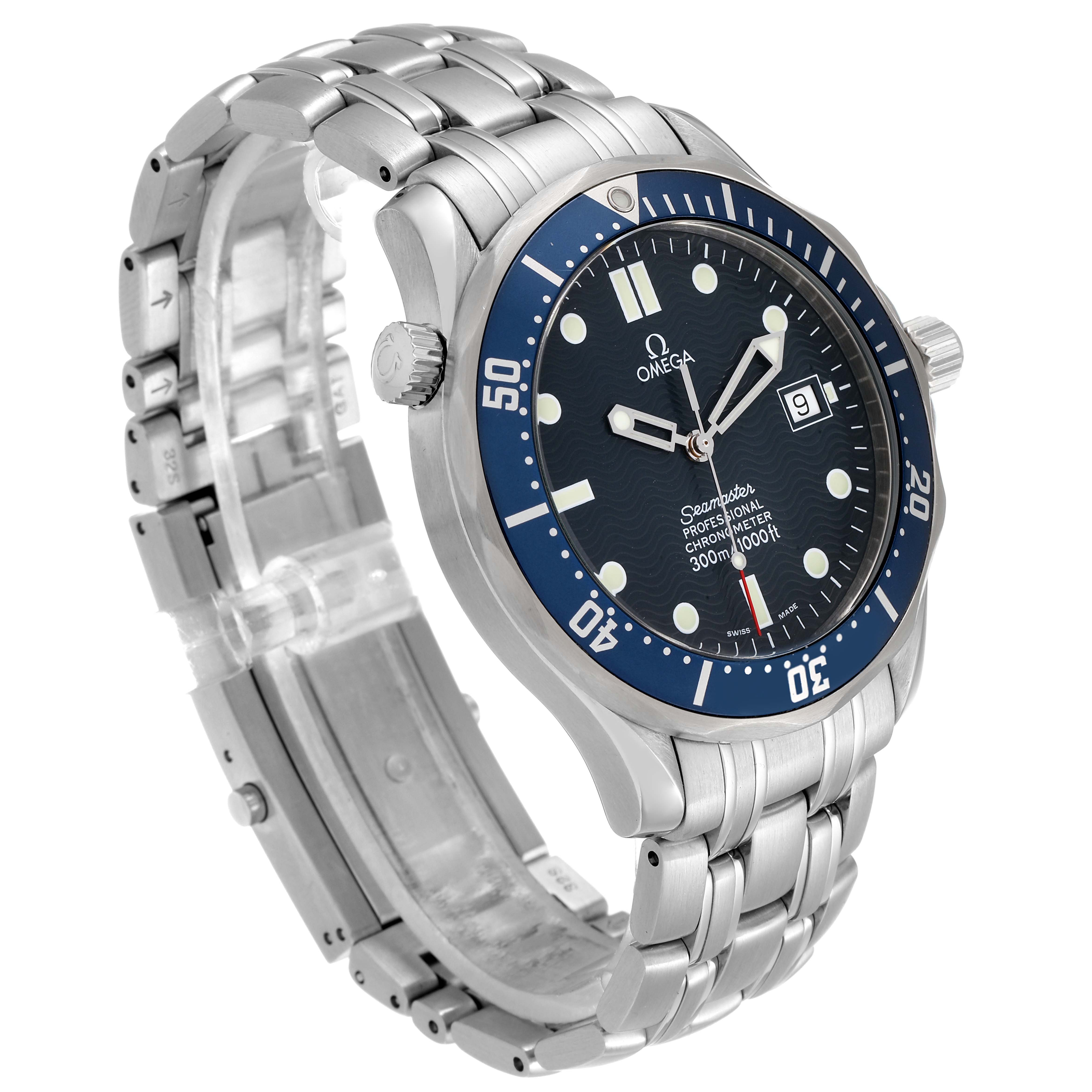 The image shows a side and angled view of the Omega Seamaster 2531.80.00 Men
s Stainless Steel Blue Dial 2531.80.00 Men
s Stainless Steel Blue Dial watch, highlighting the dial, bezel, bracelet, and crown.
