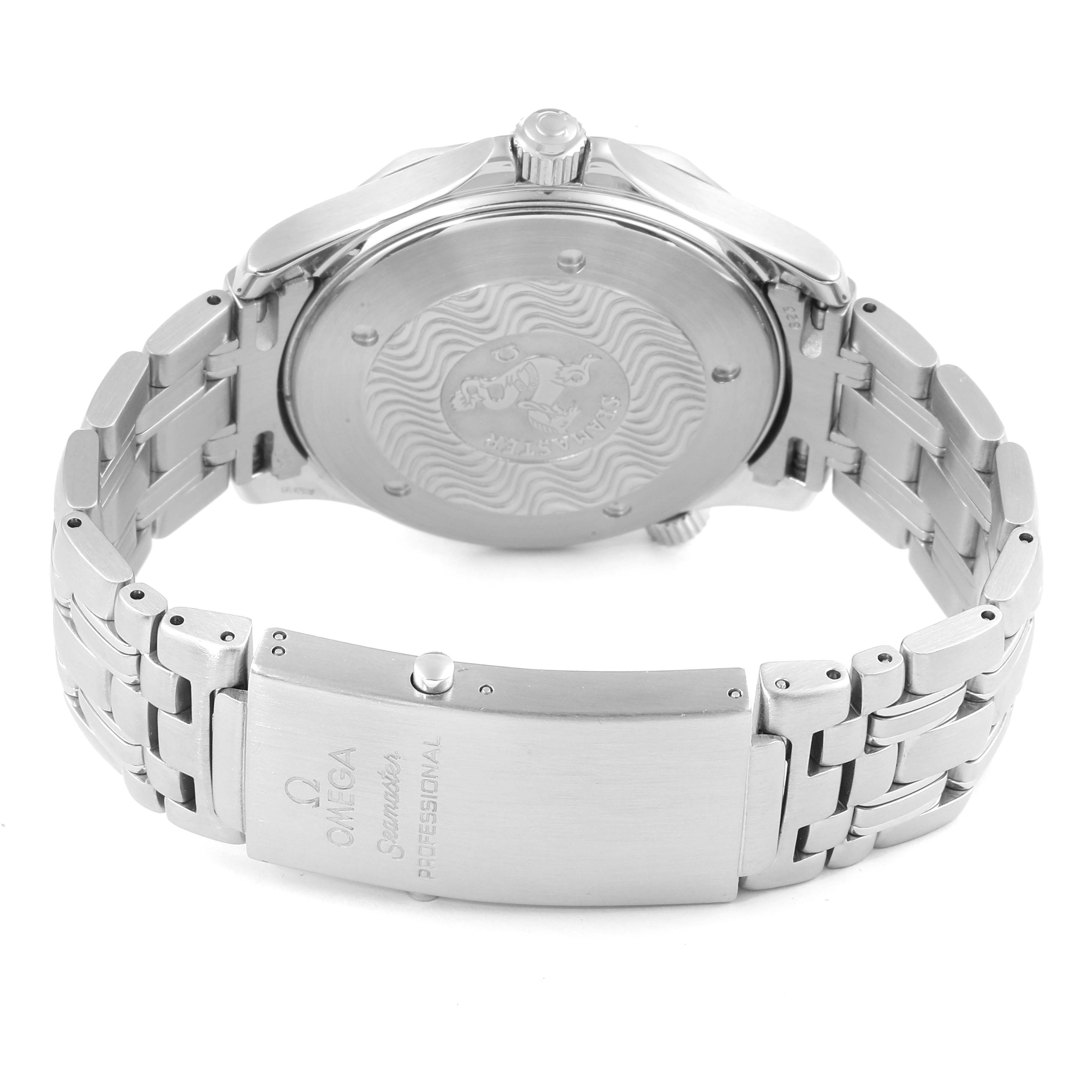 The image shows the back view of the Omega Seamaster 2531.80.00 Men
s Stainless Steel Blue Dial 2531.80.00 Men
s Stainless Steel Blue Dial watch, featuring the case back, crown, and clasp with the branding engraved.