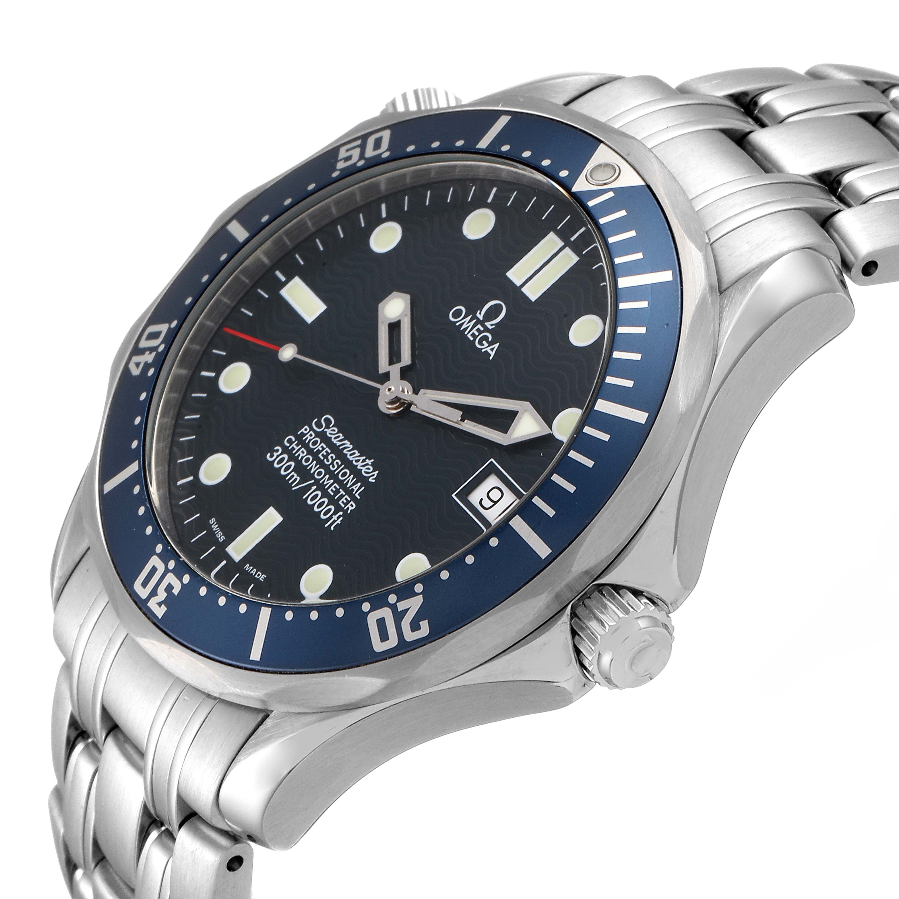 The Omega Seamaster 2531.80.00 Men
s Stainless Steel Blue Dial 2531.80.00 Men
s Stainless Steel Blue Dial watch is shown from a three-quarter view highlighting the face, bezel, crown, and part of the bracelet.