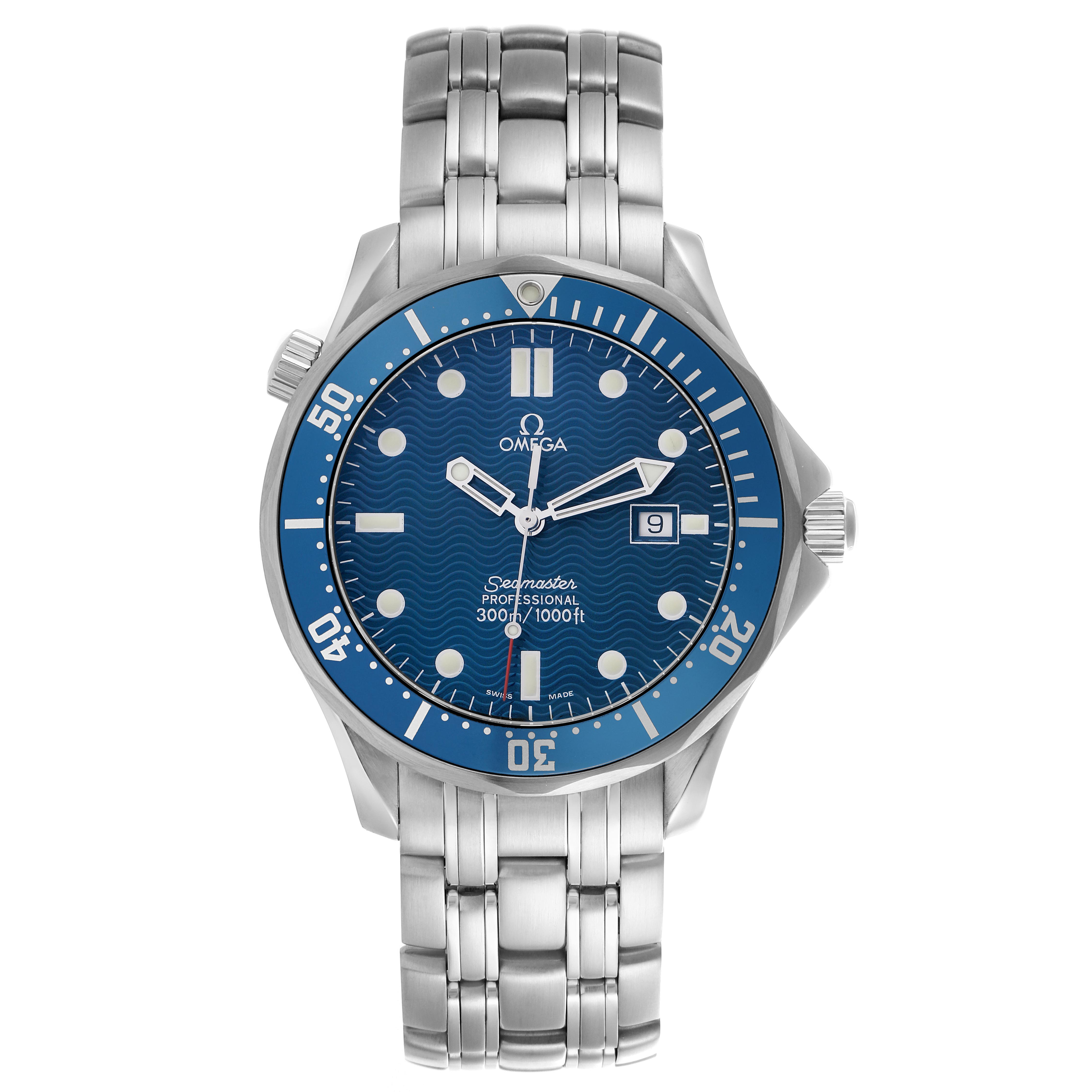 The Omega Seamaster 2541.80.00 Men
s Stainless Steel Blue Dial 2541.80.00 Men
s Stainless Steel Blue Dial watch is shown from a front angle, displaying its bezel, dial, and full bracelet.