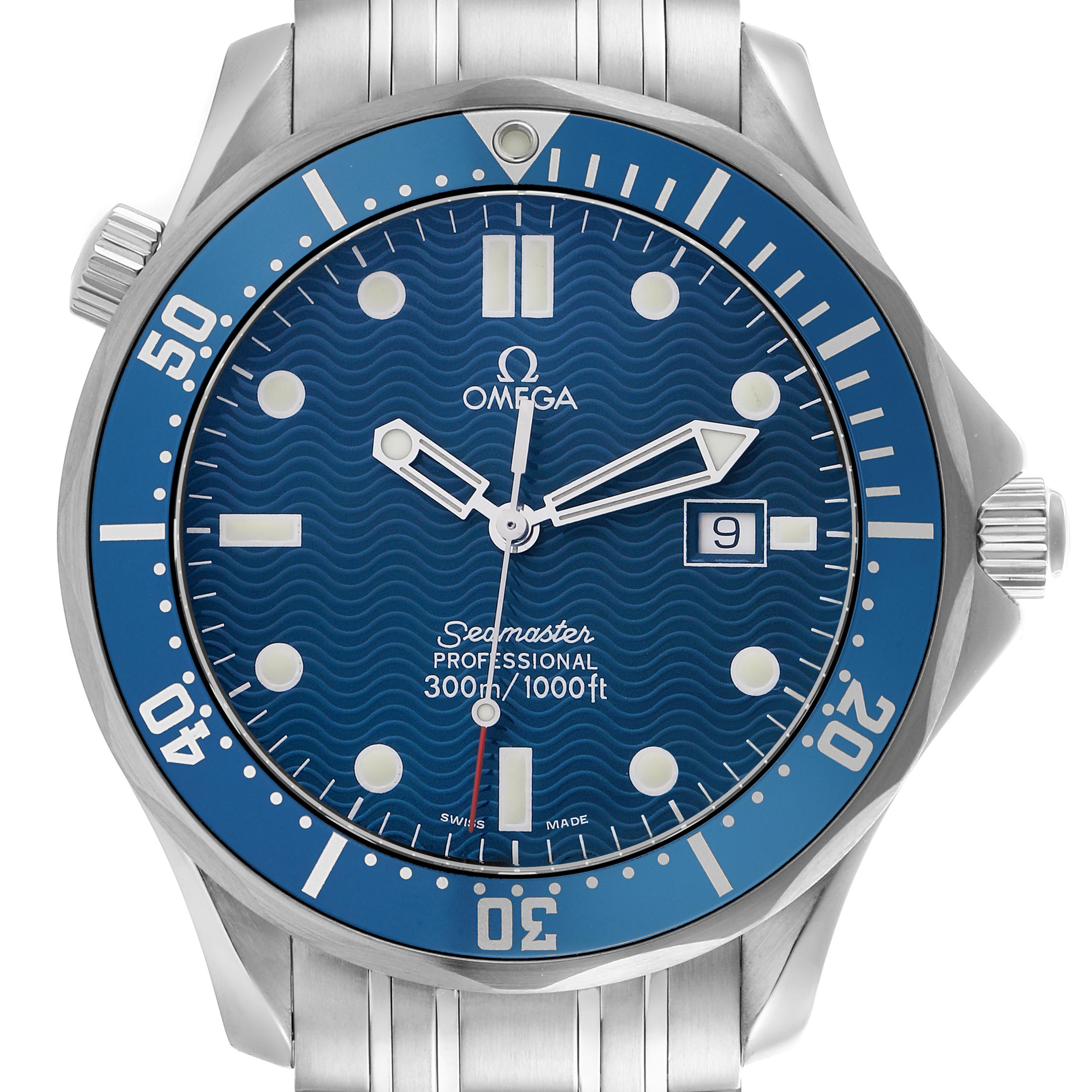The Omega Seamaster 2541.80.00 Men
s Stainless Steel Blue Dial 2541.80.00 Men
s Stainless Steel Blue Dial watch is shown from the front, highlighting the dial, bezel, and part of the bracelet.