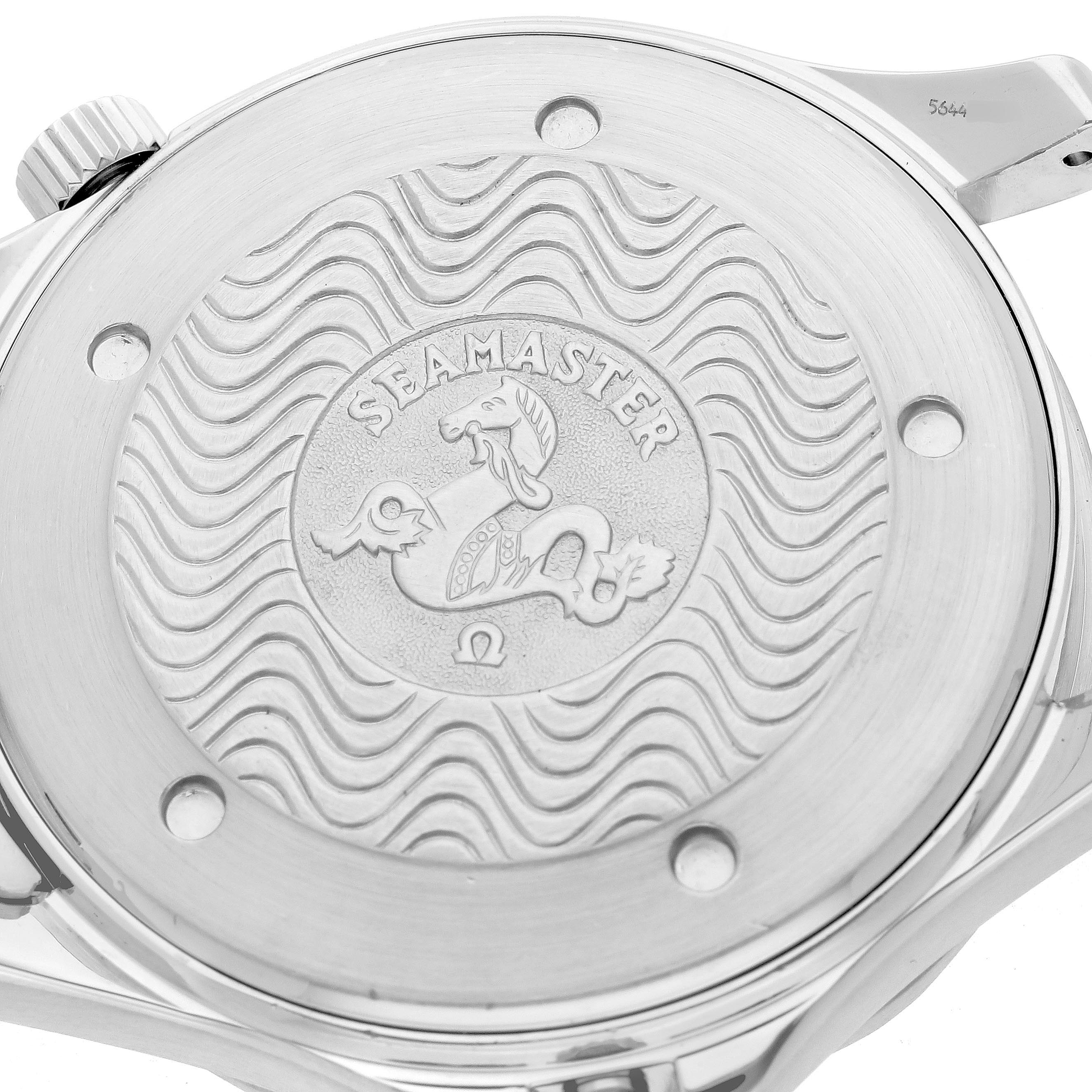 The image shows the back case of an Omega Seamaster 2541.80.00 Men
s Stainless Steel Blue Dial 2541.80.00 Men
s Stainless Steel Blue Dial, featuring the seahorse emblem and wave pattern.