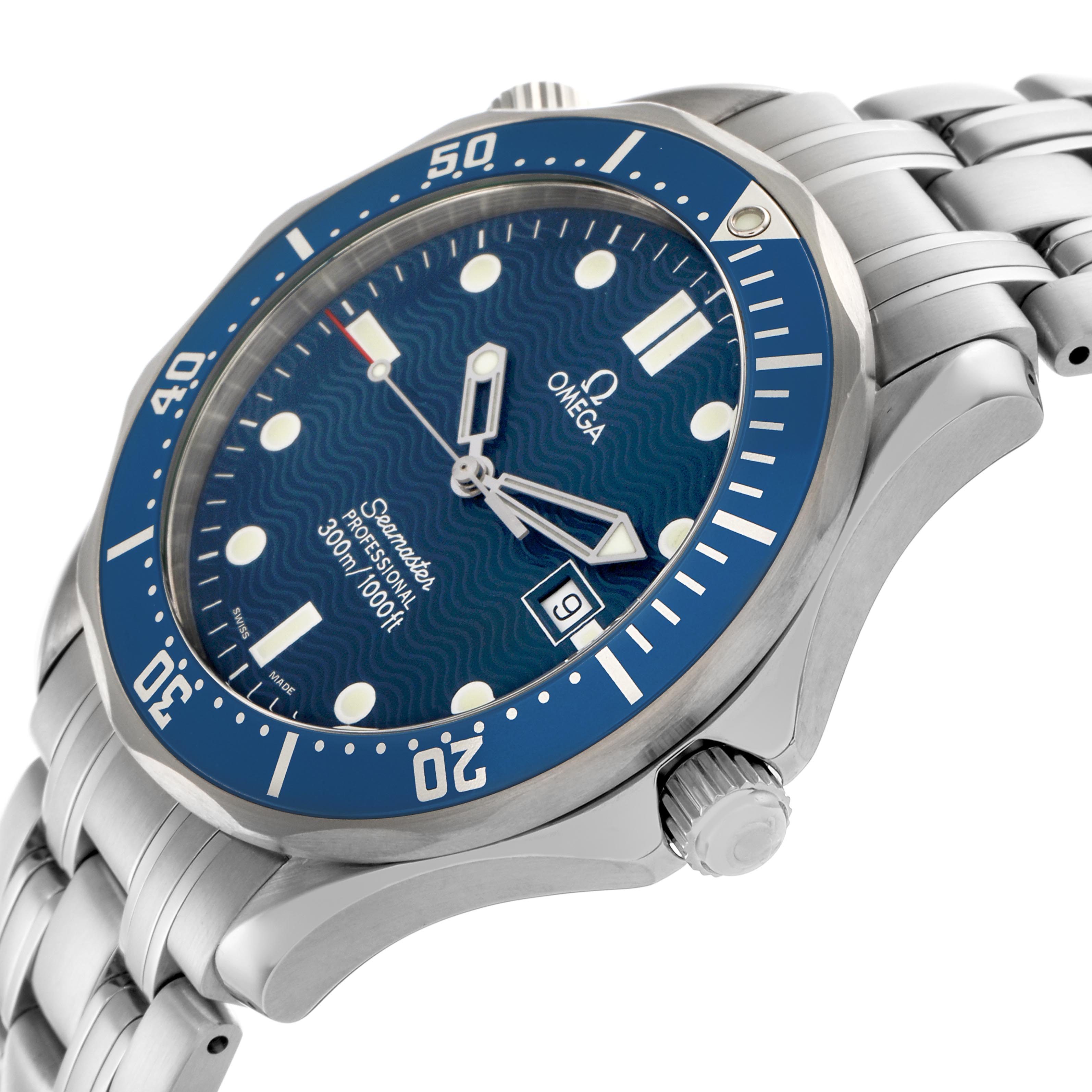 The Omega Seamaster 2541.80.00 Men
s Stainless Steel Blue Dial 2541.80.00 Men
s Stainless Steel Blue Dial watch is shown at an angle highlighting the blue dial, steel case, crown, bezel, and bracelet.