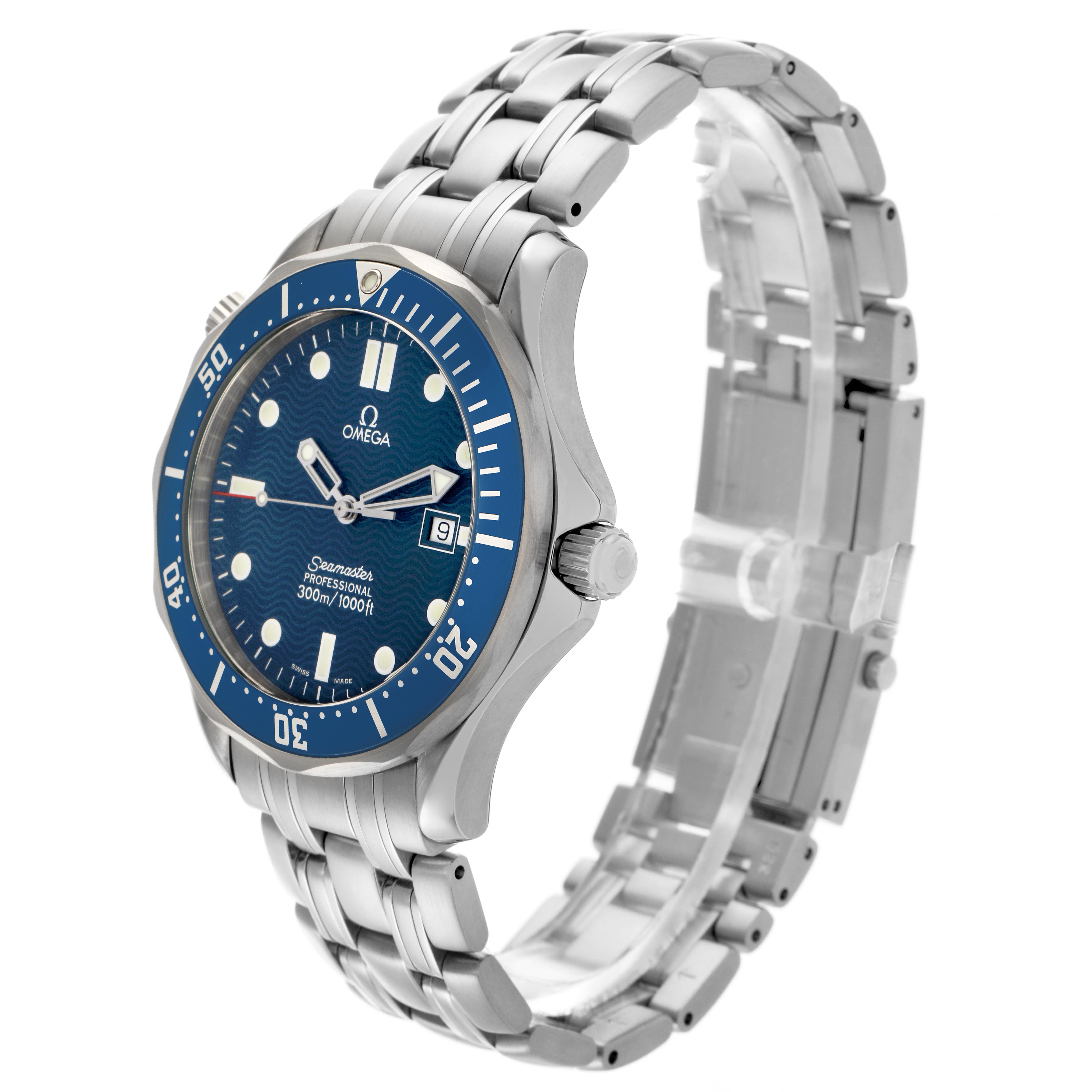 The Omega Seamaster 2541.80.00 Men
s Stainless Steel Blue Dial 2541.80.00 Men
s Stainless Steel Blue Dial watch is shown from a three-quarter angle, displaying the face, bezel, crown, and part of the bracelet.