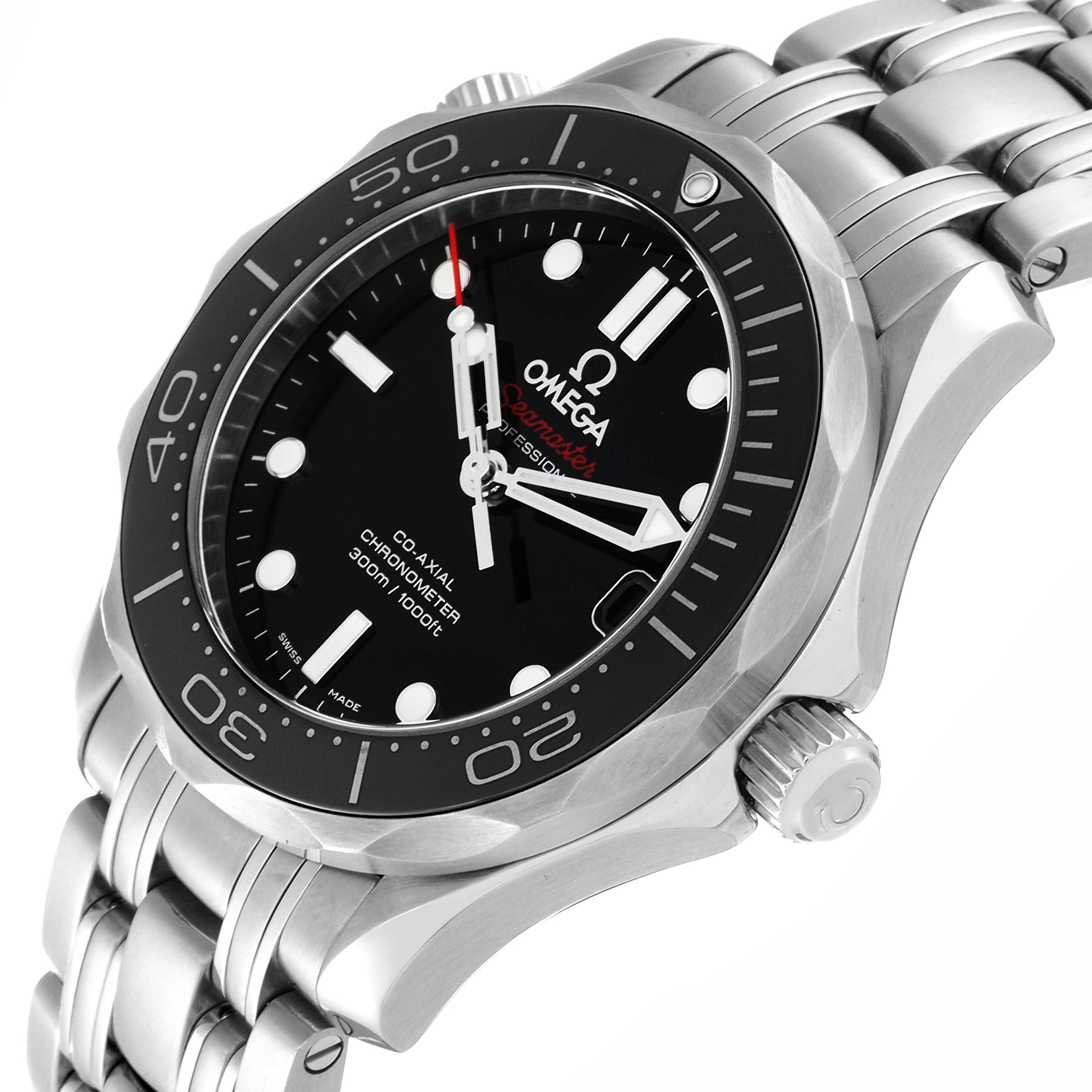 The image shows an angled view of the Omega Seamaster 212.30.36.20.01.002 Men
s Stainless Steel Black Dial 212.30.36.20.01.002 Men
s Stainless Steel Black Dial watch, highlighting the dial, bezel, crown, and part of the bracelet.