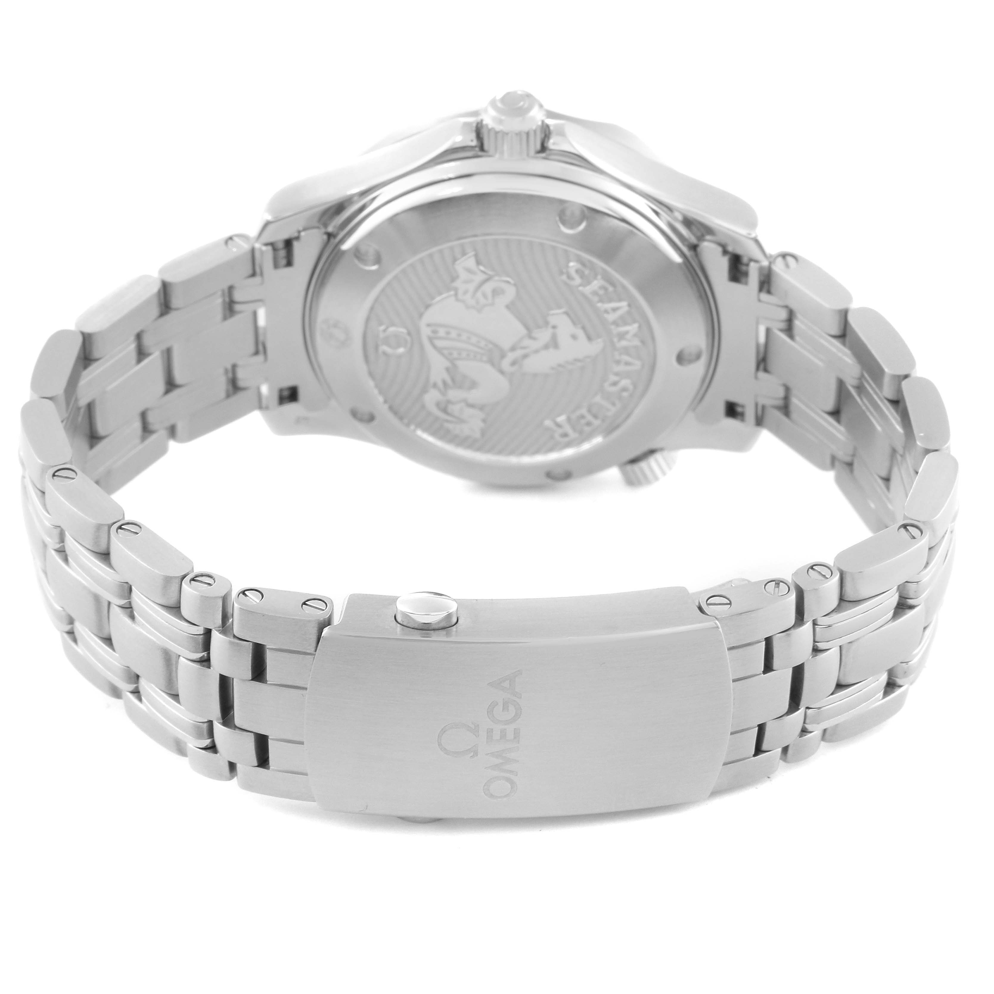 The image shows the back case and bracelet clasp of an Omega Seamaster 212.30.36.20.01.002 Men
s Stainless Steel Black Dial 212.30.36.20.01.002 Men
s Stainless Steel Black Dial watch from a rear angle.