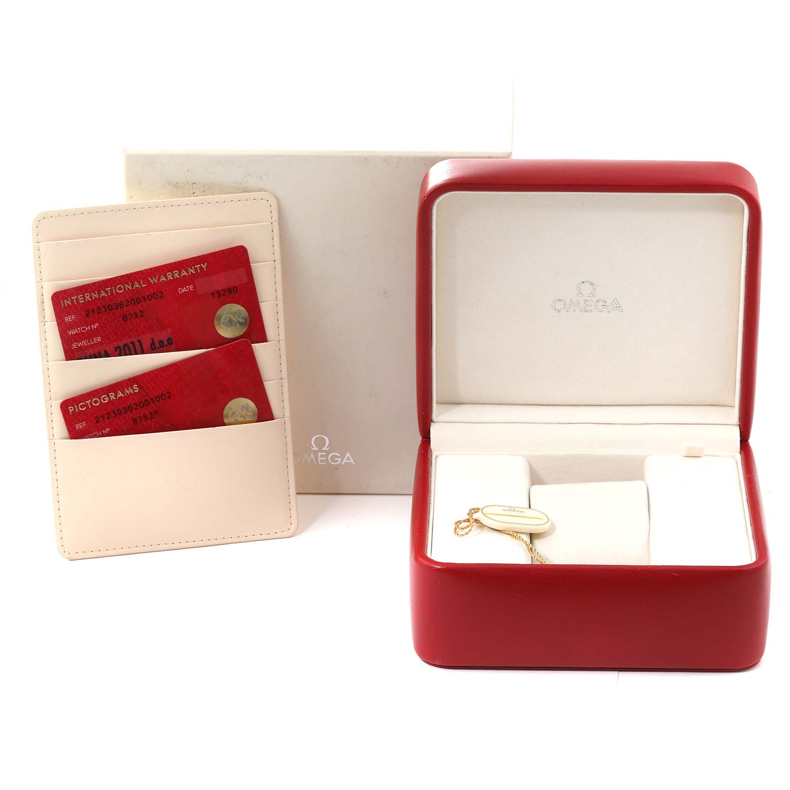 The image shows the Omega Seamaster 212.30.36.20.01.002 Men
s Stainless Steel Black Dial 212.30.36.20.01.002 Men
s Stainless Steel Black Dial watch
s packaging, including the red watch box, white outer box, and warranty cards.